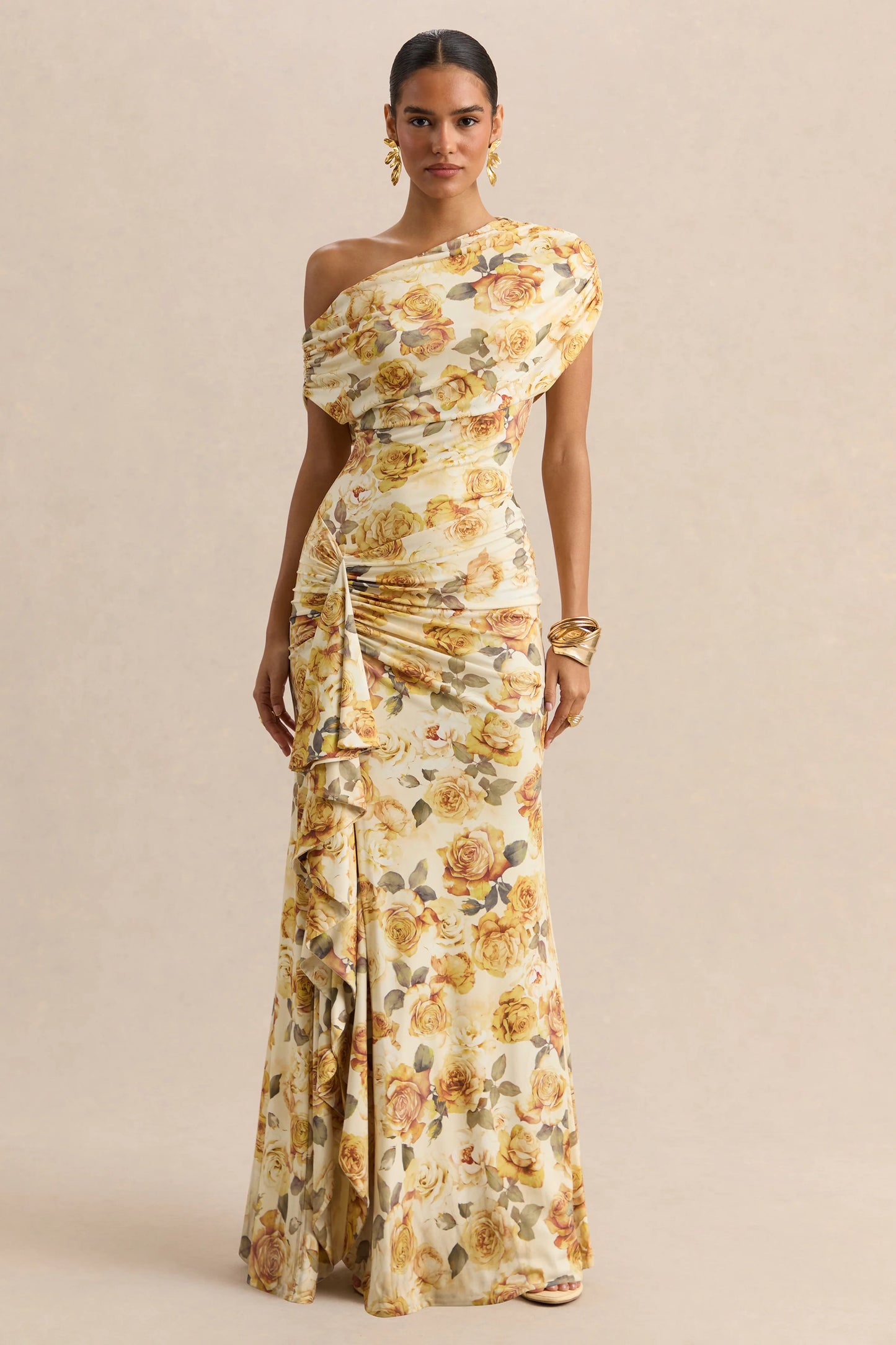 Siora Lemon Rose Print Asymmetric-Neck Maxi Dress With Draped-Detailing