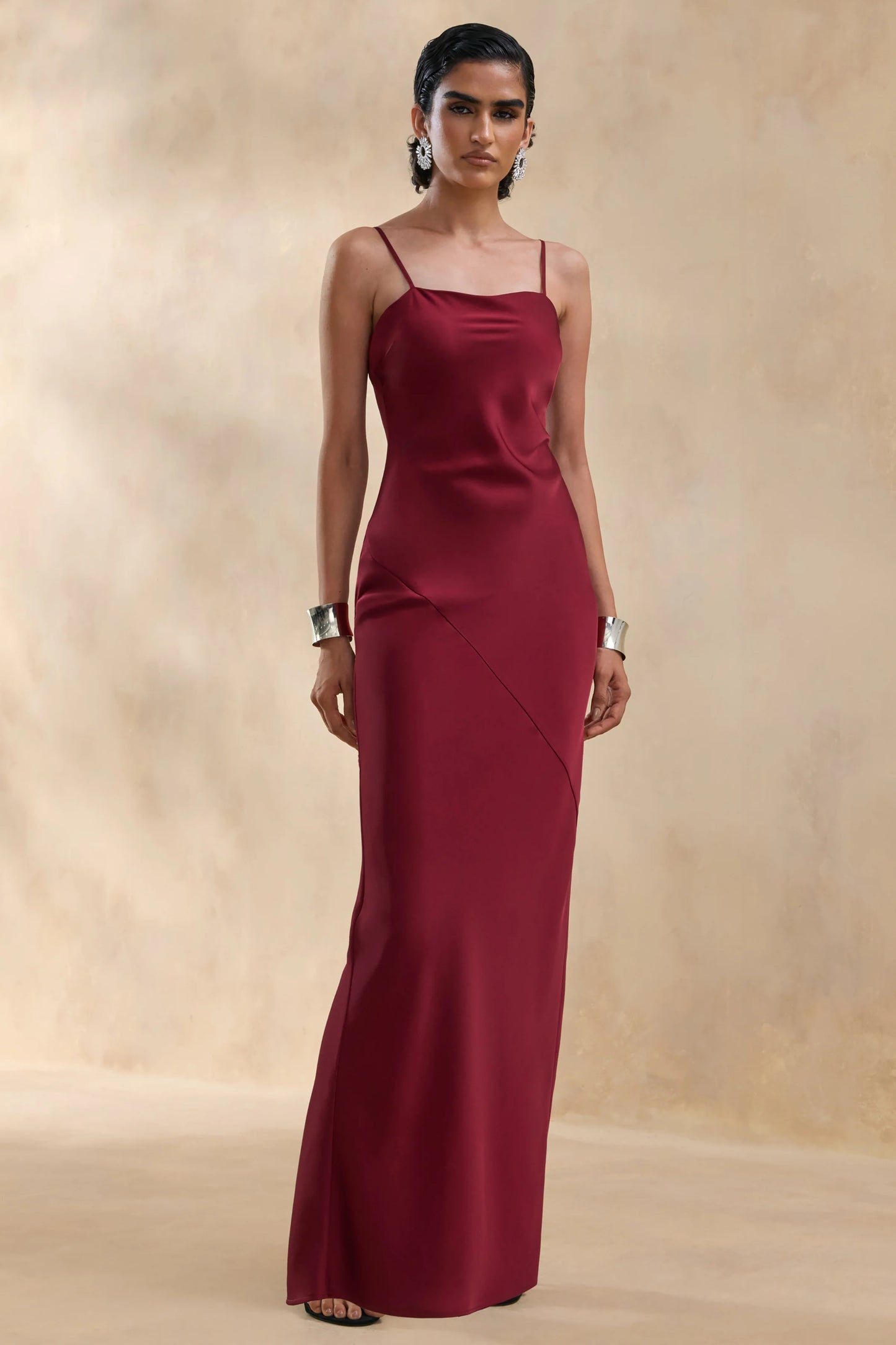 Yoli Burgundy Satin Maxi Dress With Removable Twist-Cape