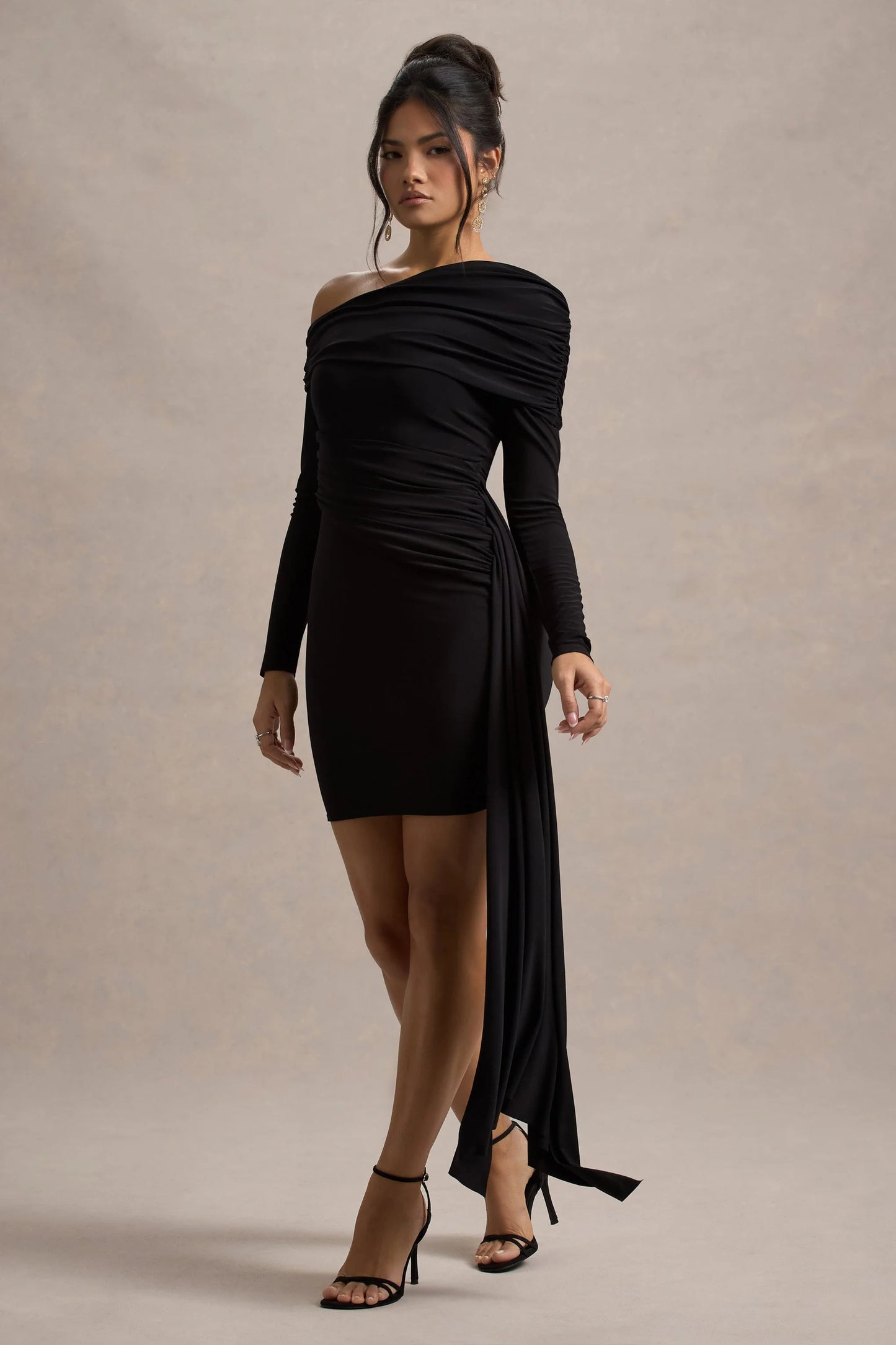 Savita Black Ruched Asymmetric Mini Dress With Drape