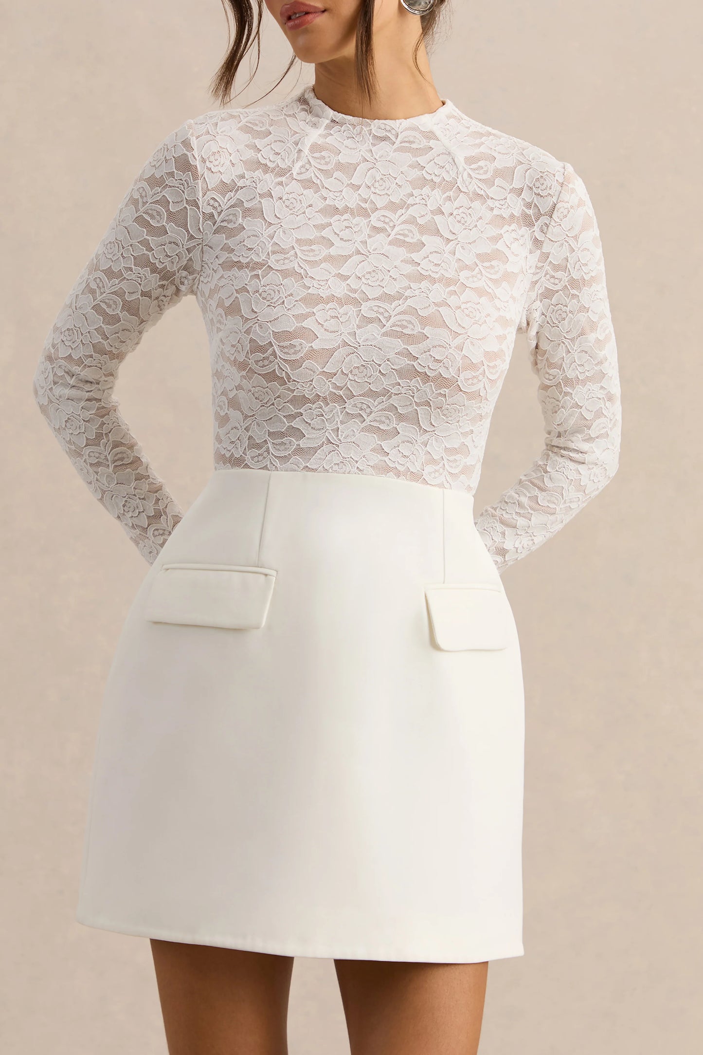 Mysteria White High-Neck Lace Mini-Dress With Pocket-Details