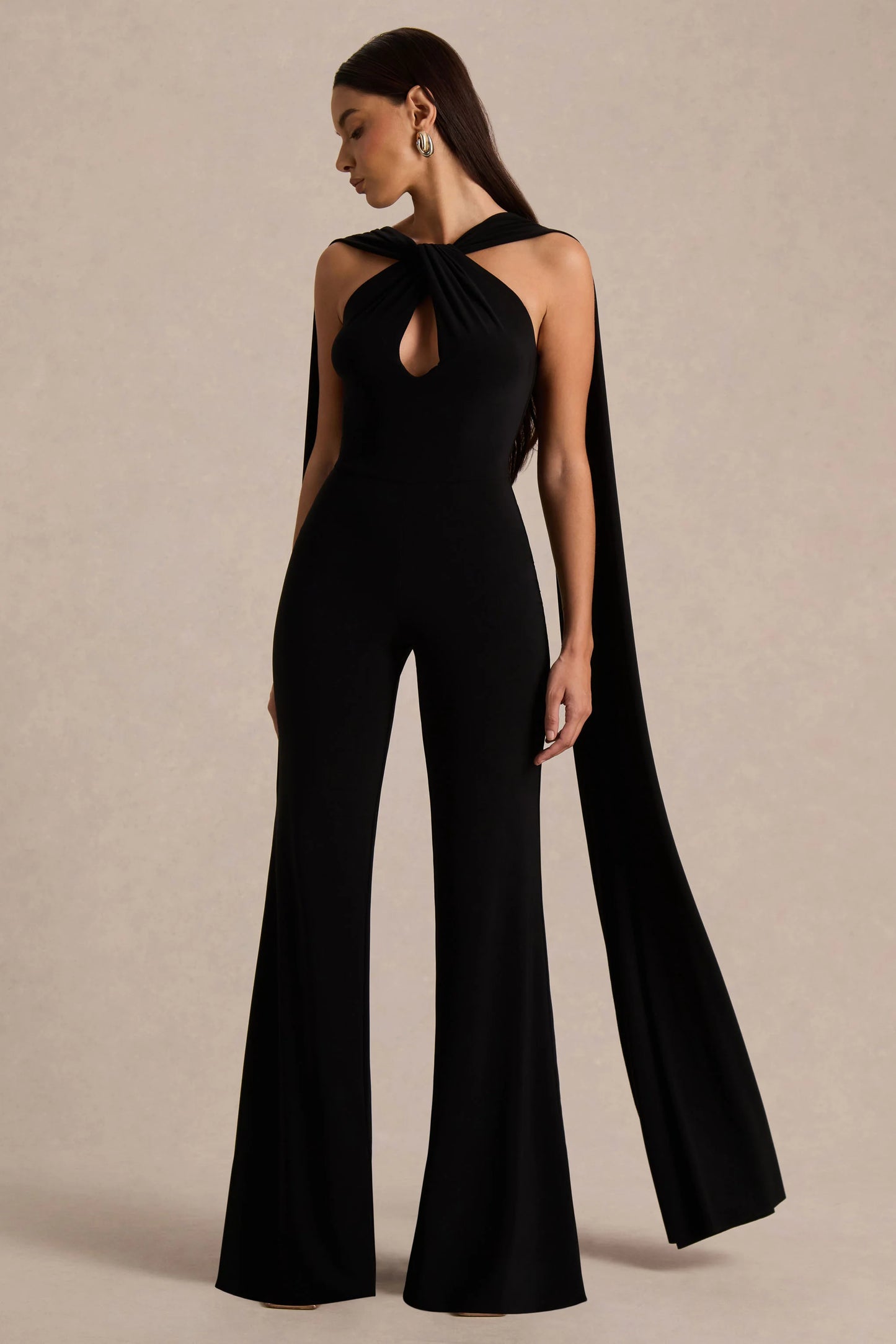 Mindy Black Twist Halter-Neck Jumpsuit With Cape