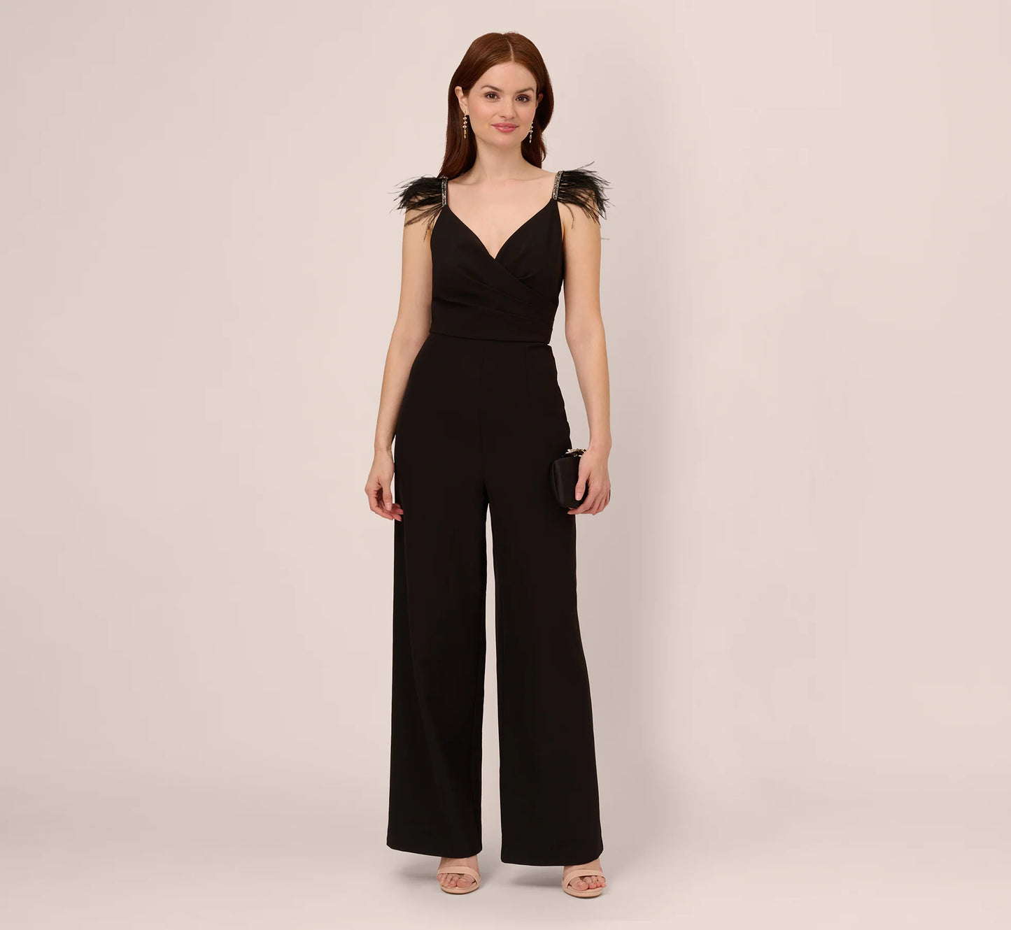 Crepe Wide Leg Jumpsuit With Bead And Feather Accents In Black