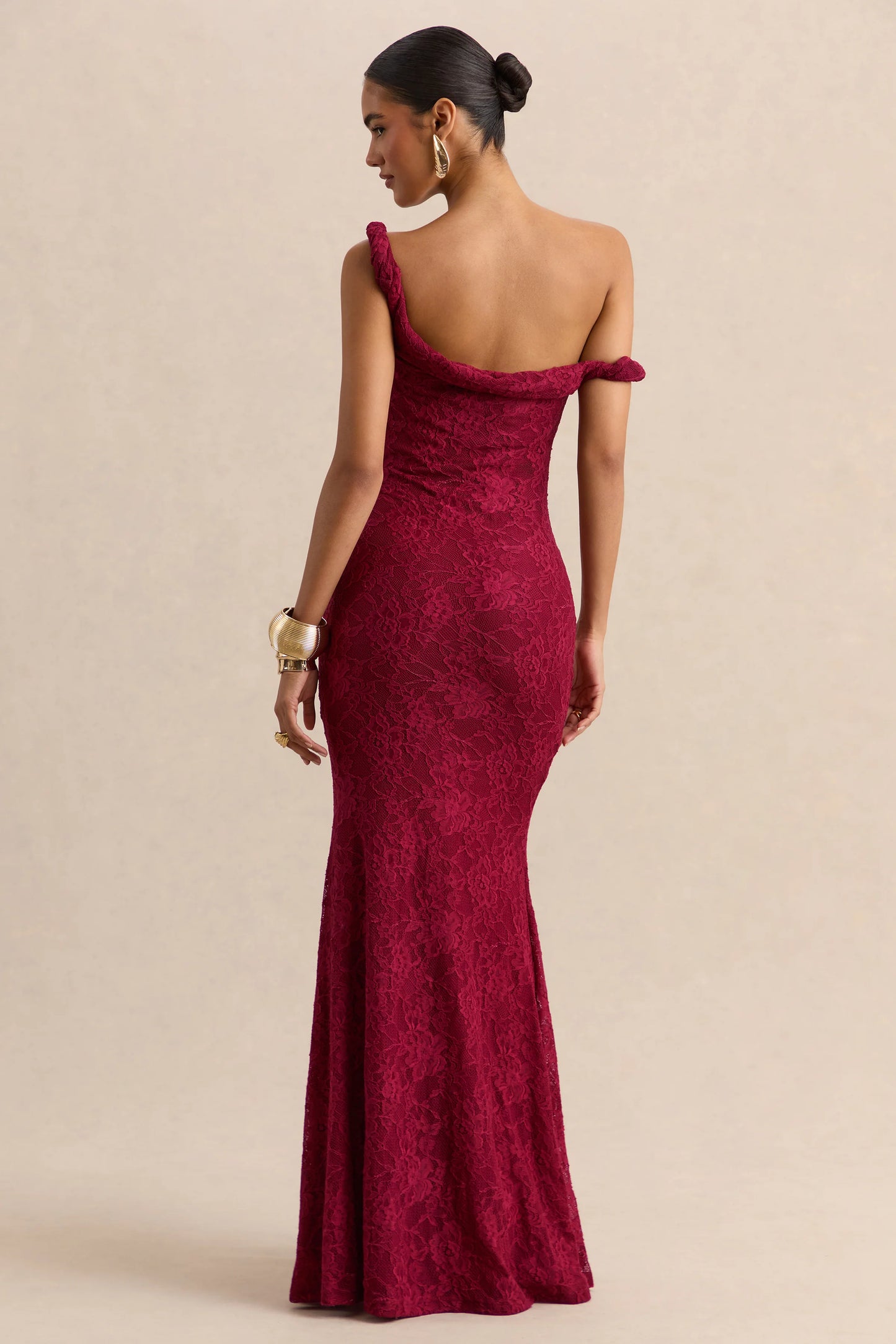 Afina Burgundy Lace Asymmetric-Neck Maxi Dress