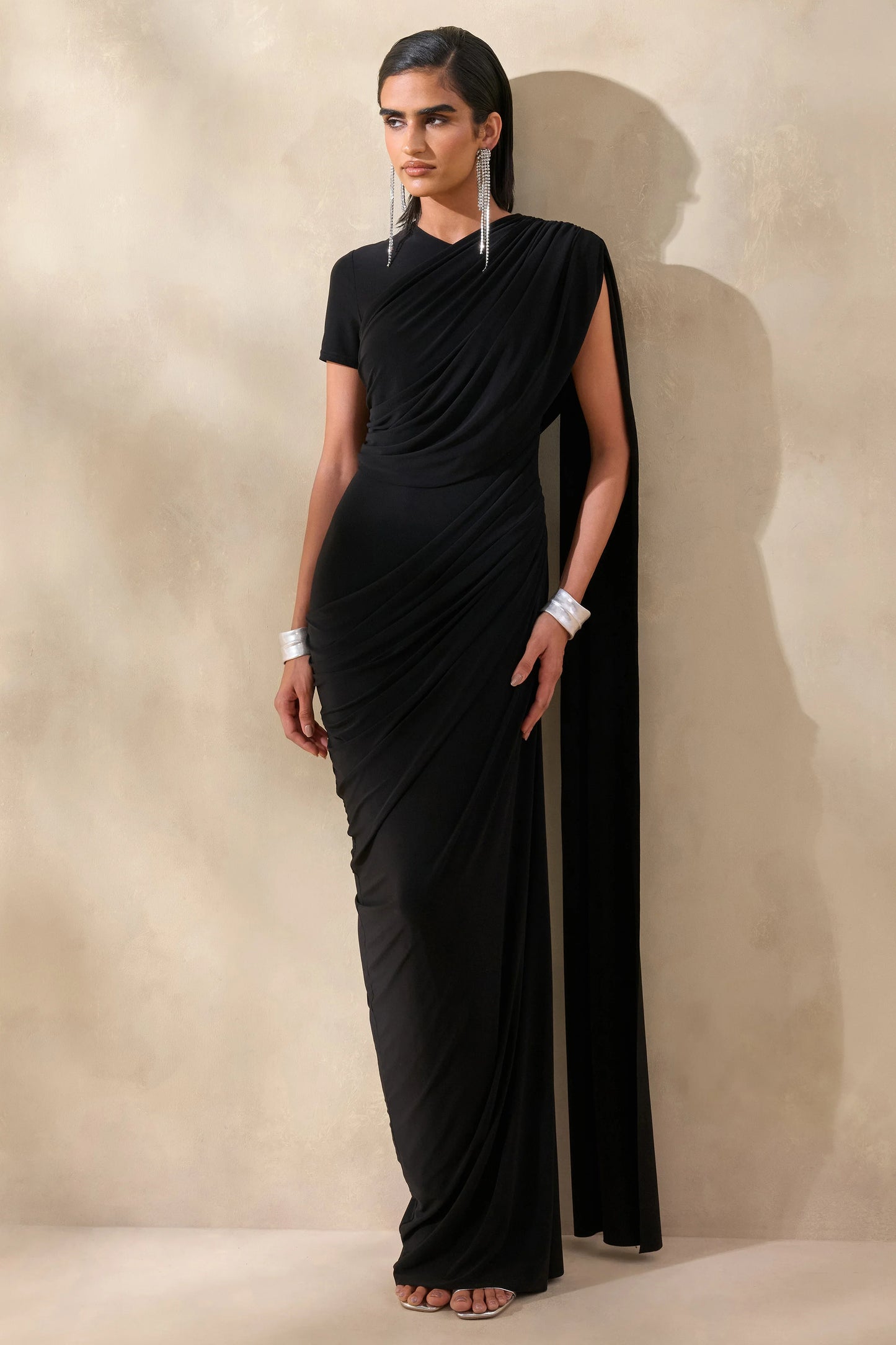 Gisara Black High-Neck Maxi Dress With Sash And Draped-Detailing