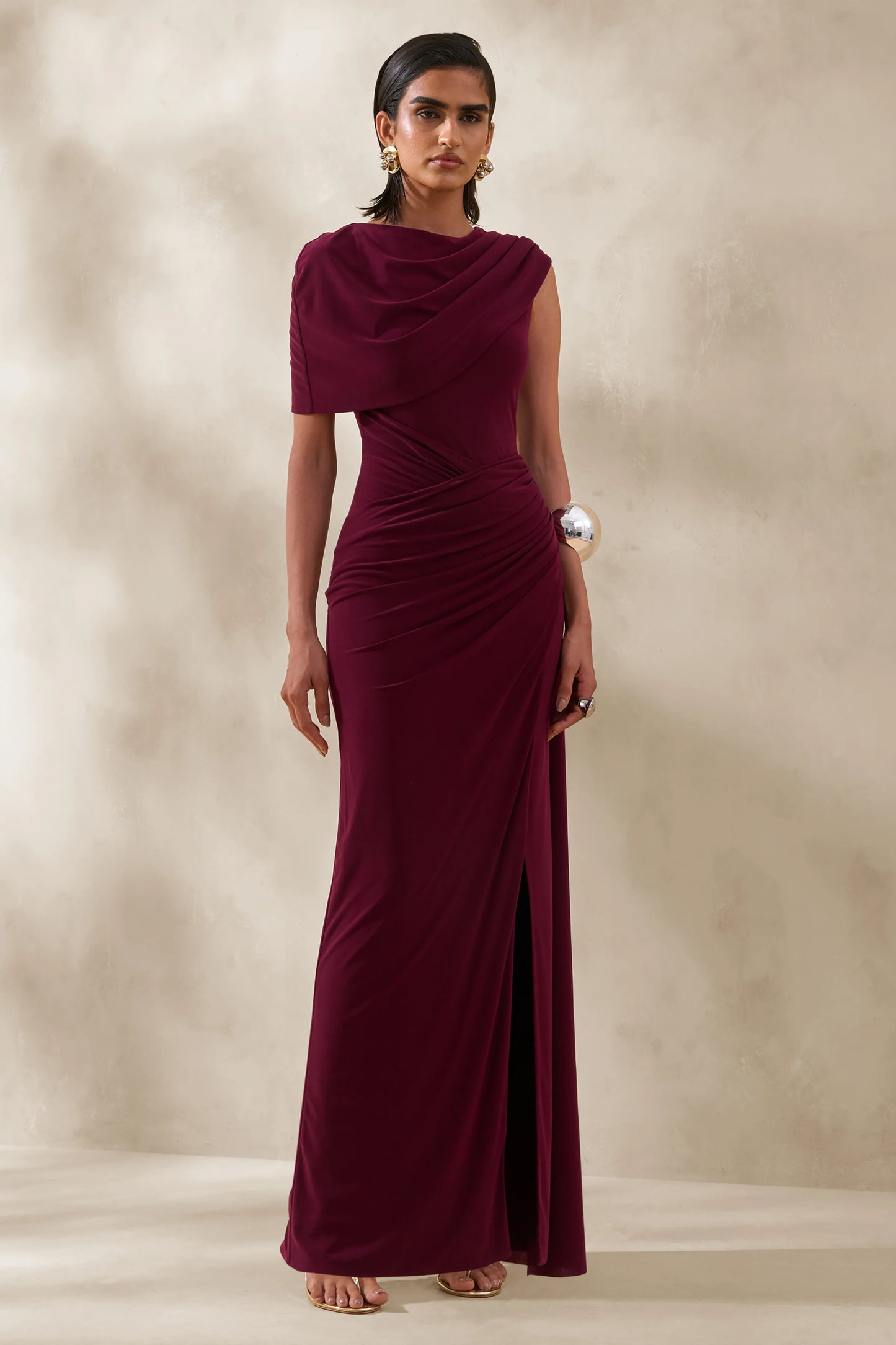 Palomara Burgundy Round-Neck Maxi Dress With Sash And Front-High Split