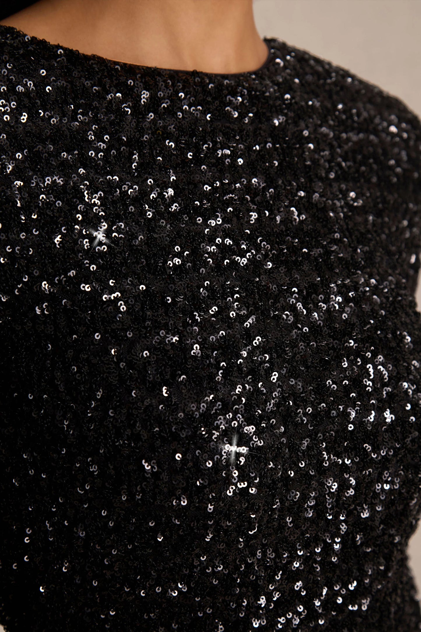 Mercedes Black Sequin Boat-Neck Mini Dress With Draped Detail And Open Back