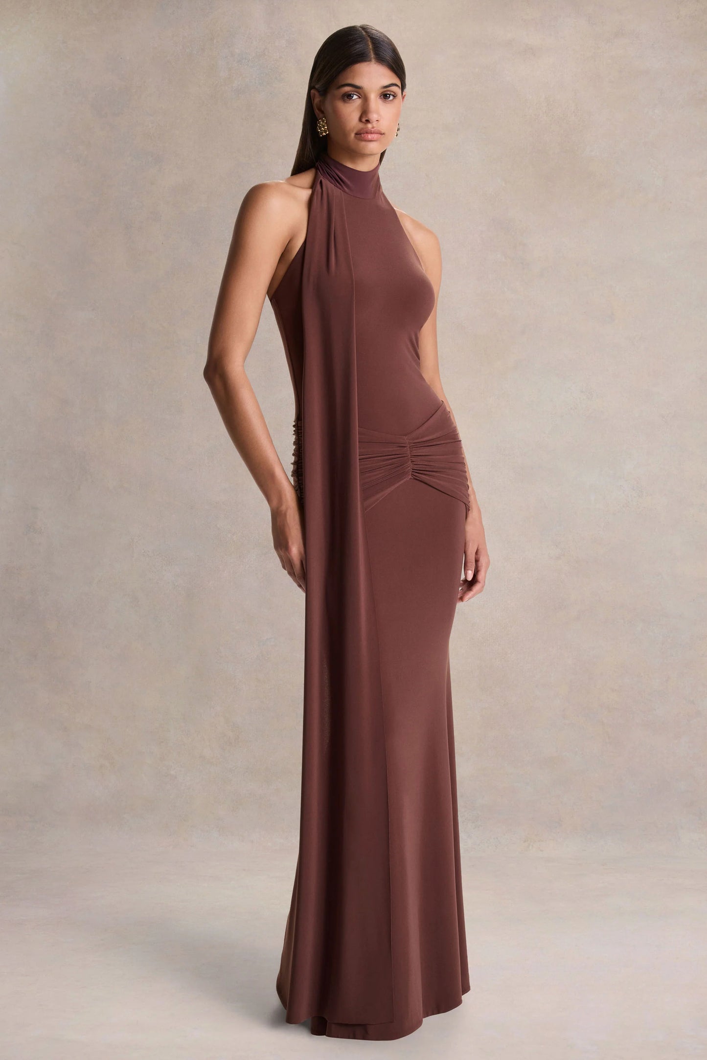 Hyla Brown High-Neck Maxi Dress With Sash-Detail