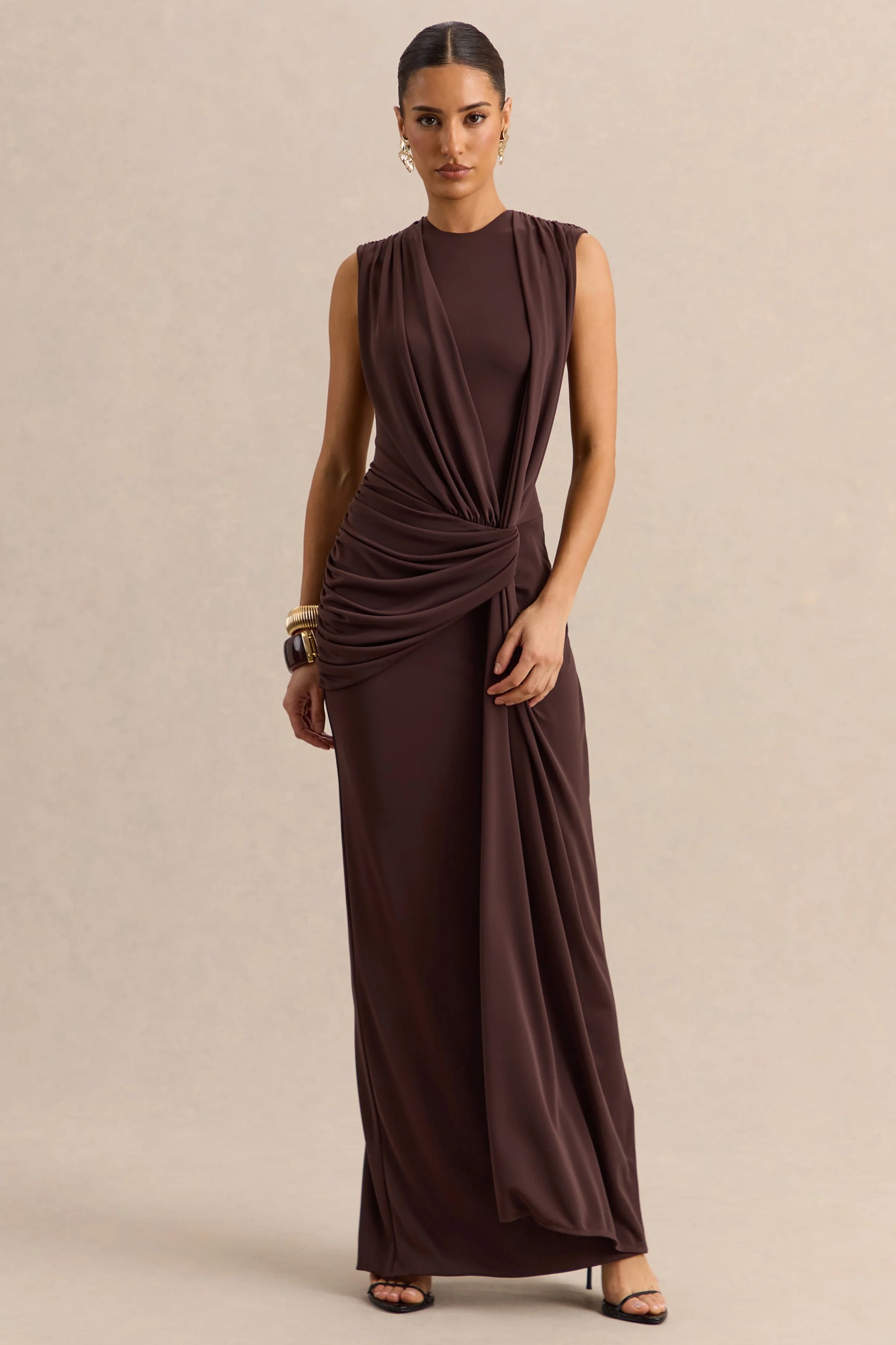 Blythia Brown Round-Neck Maxi Dress With Gathered-Detailing