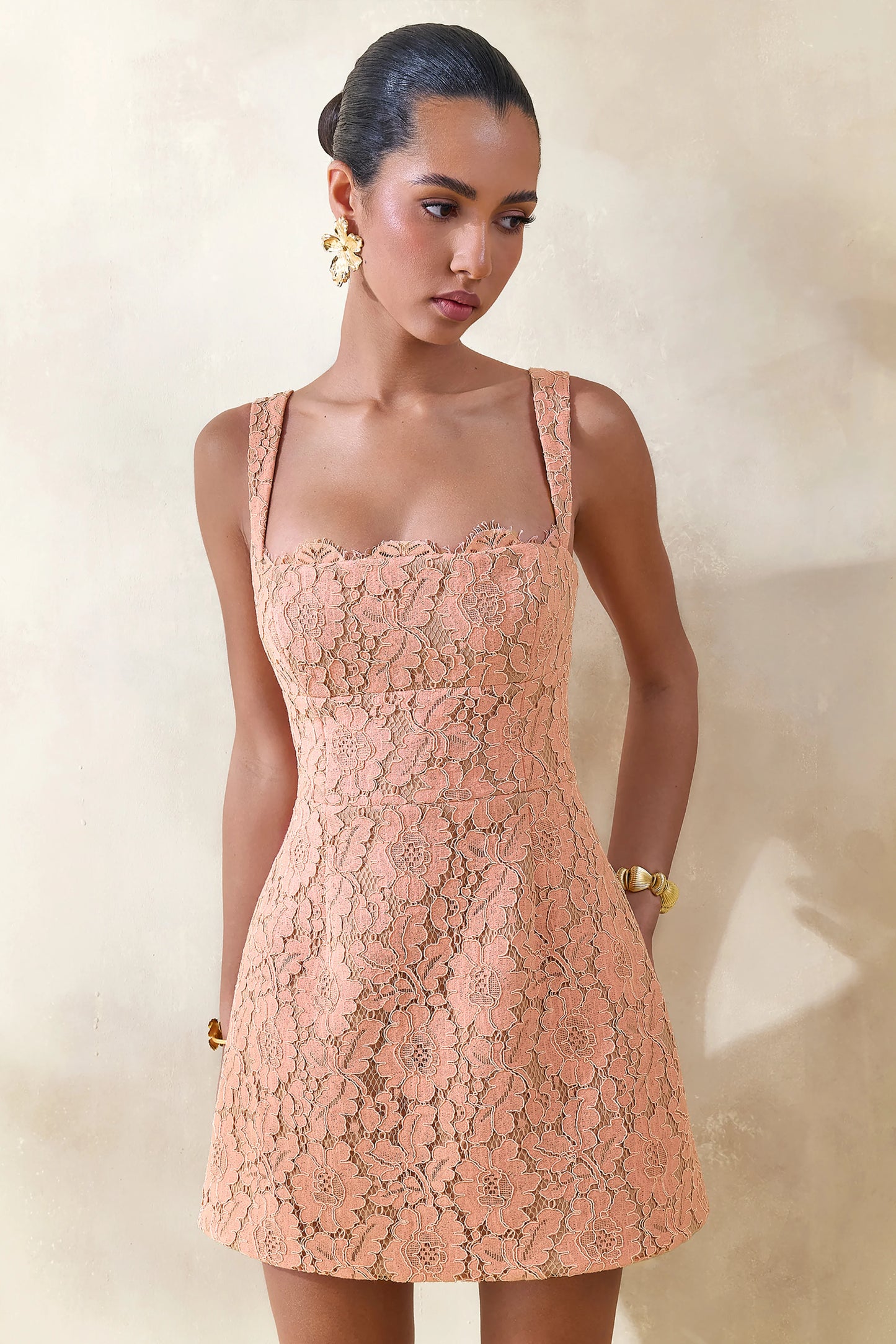 Orelisse Coral Lace Square-Neck Mini Dress