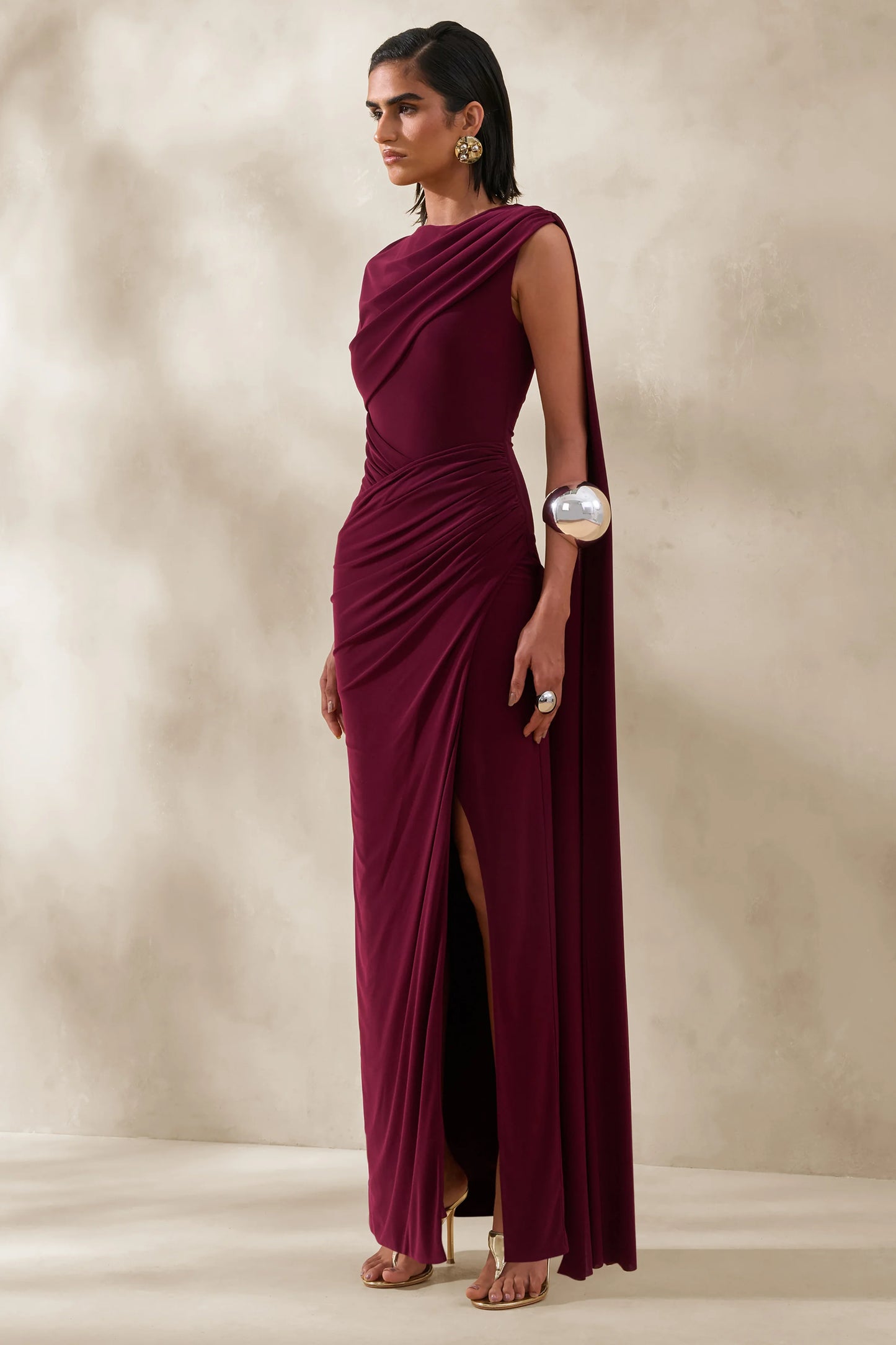 Palomara Burgundy Round-Neck Maxi Dress With Sash And Front-High Split