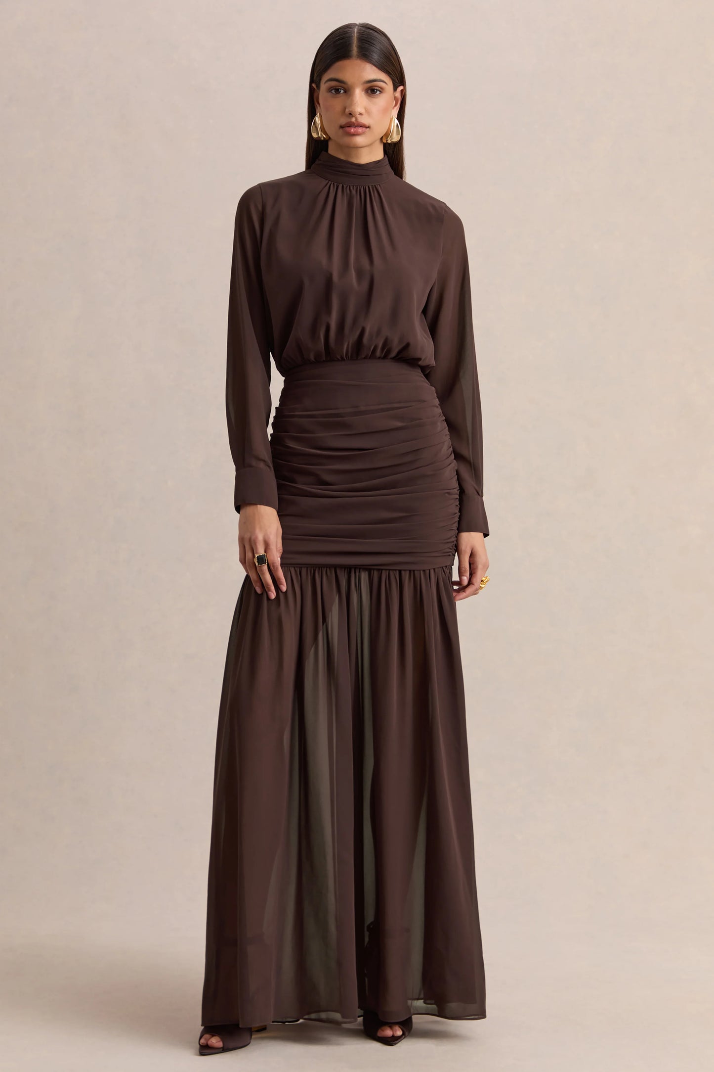 Zella Brown High-Neck Maxi Dress With Sheer-Skirt