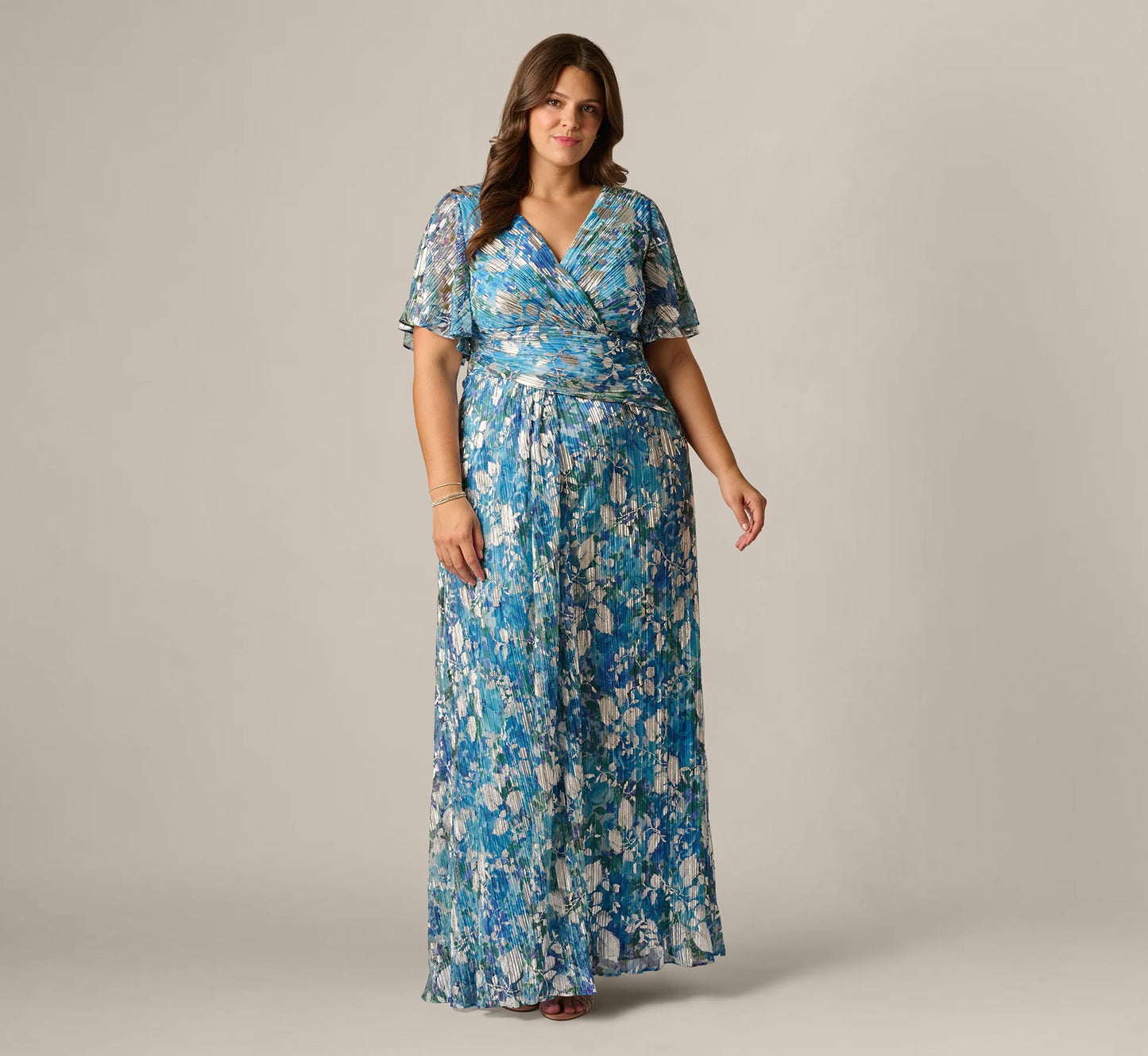 Plus Size Flutter Sleeve Crinkle Foil Floral Gown In Blue Multi