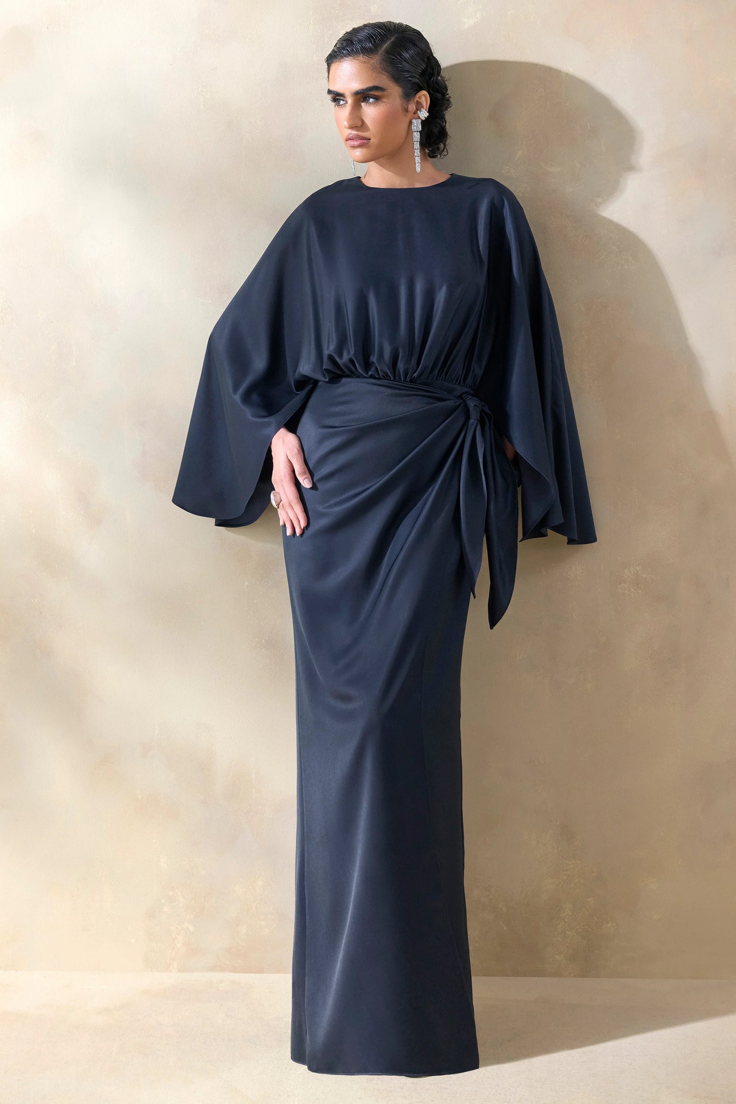 Delphina Navy Satin Maxi Dress With Gathered And Knot-Detail