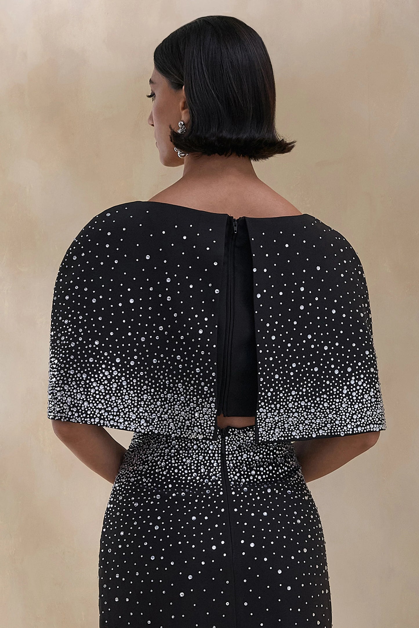 Luxy Black Embellished Boat-Neck Crop-Top With Cape-Sleeves