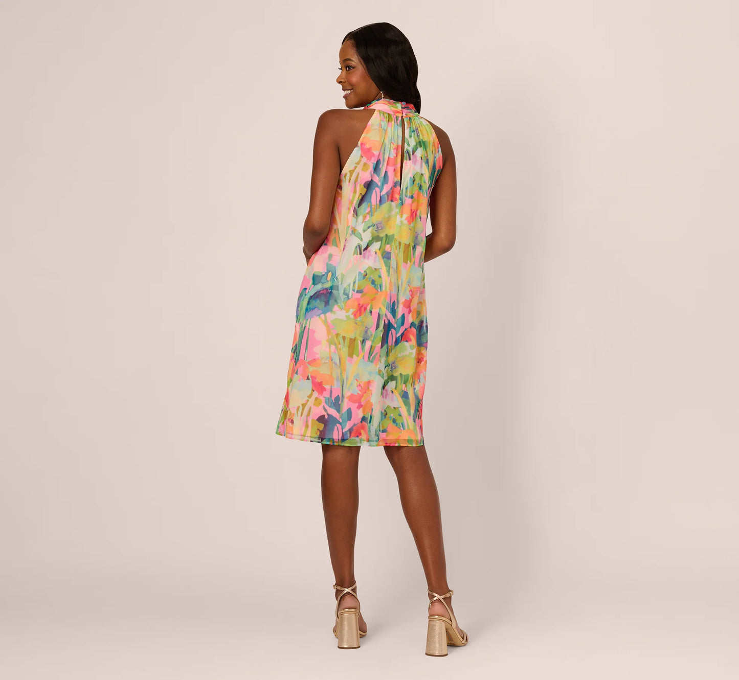 Floral Ruffle Chiffon Halter Trapeze Dress In Pink Multi
