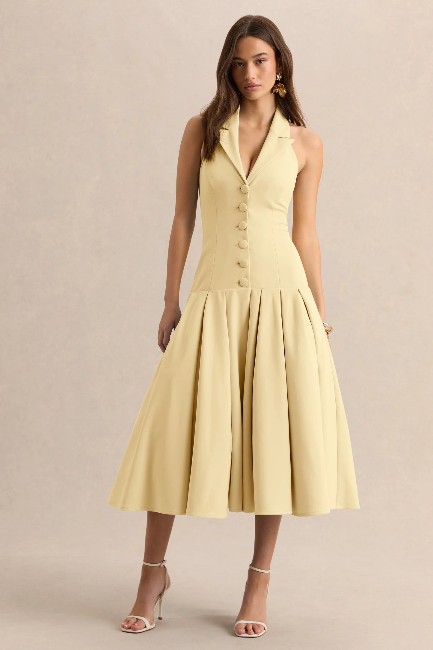 Elise Lemon Plunge-Neck Midi Dress With Drop-Waist