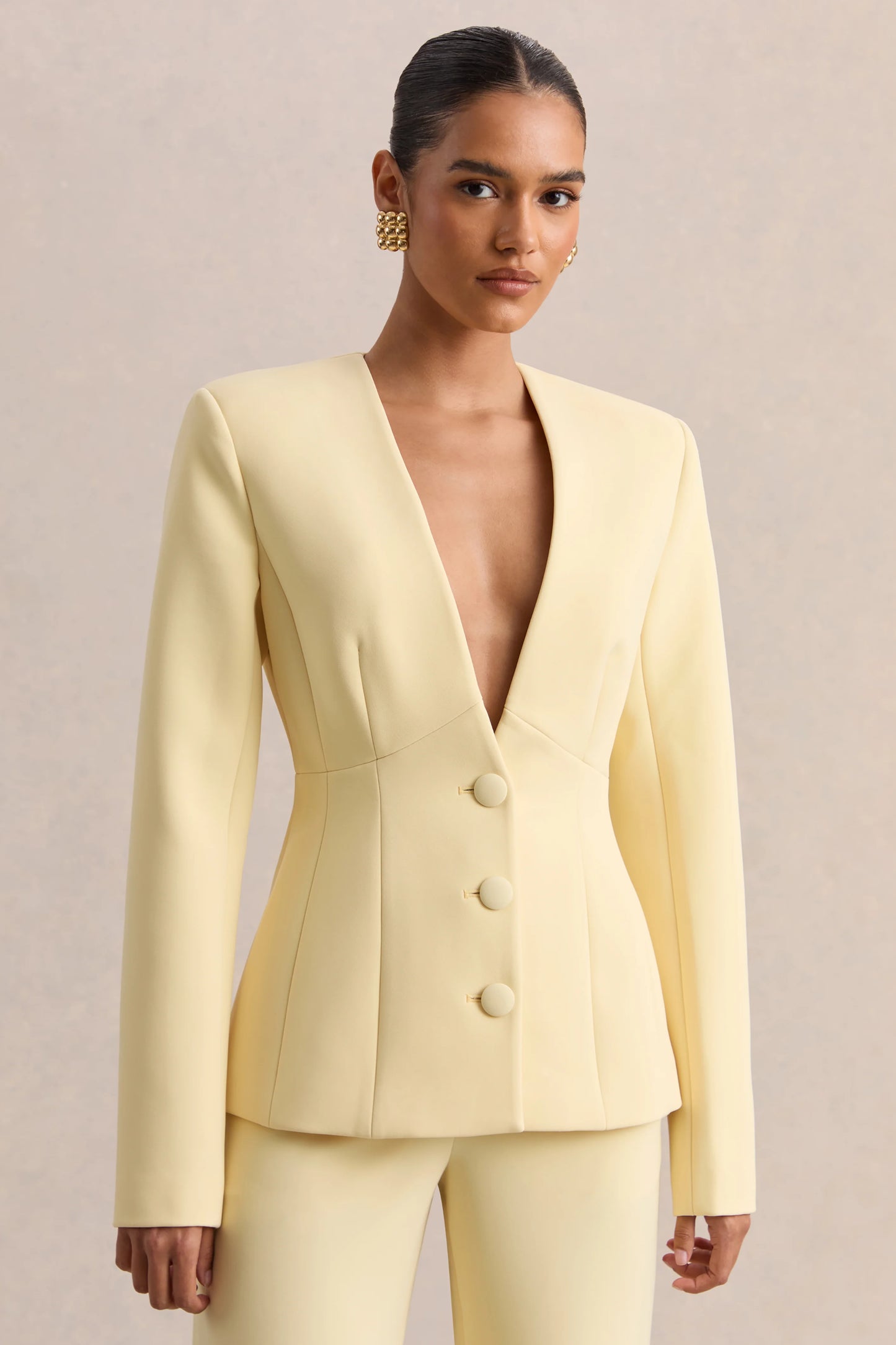 Rosalina Lemon Extreme-Plunge Neck Tailored Blazer