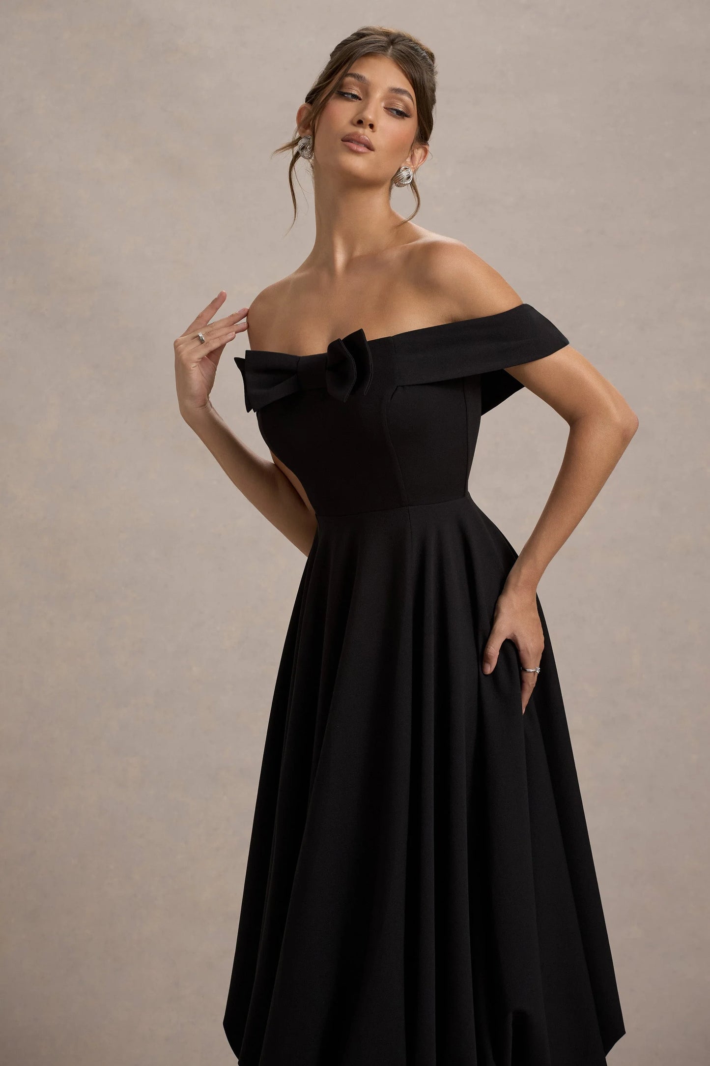 Calliopia Black Bow Bardot Midi Dress With Puff-Ball Skirt