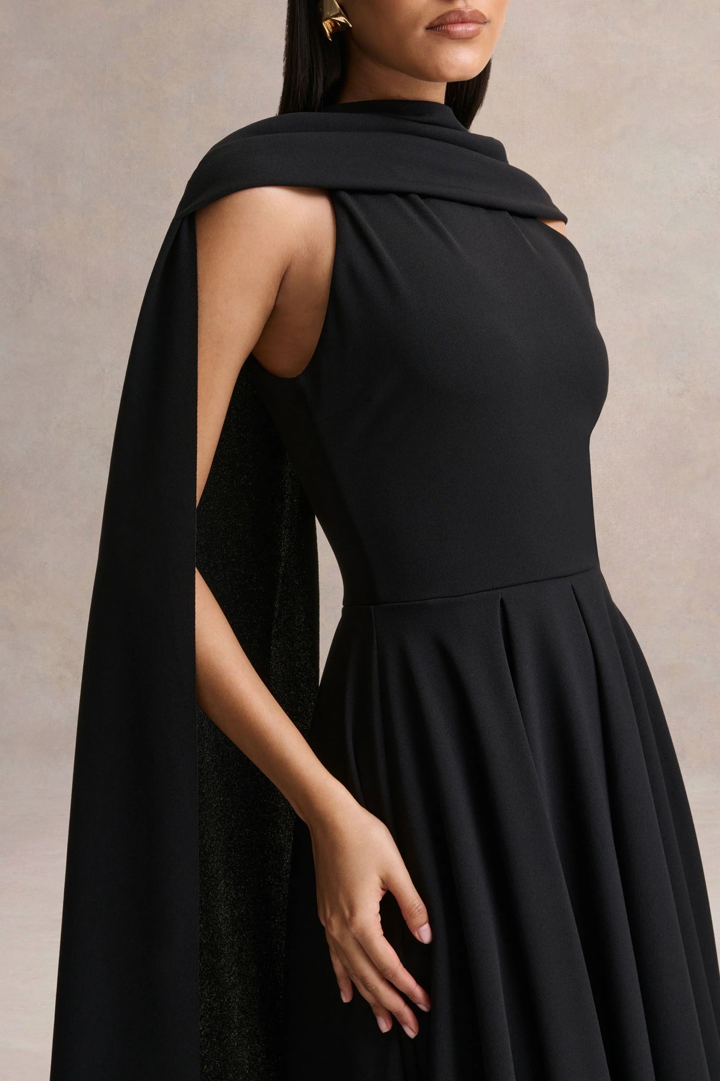 Nova Black High-Neck Midi Dress With Cape-Sleeves