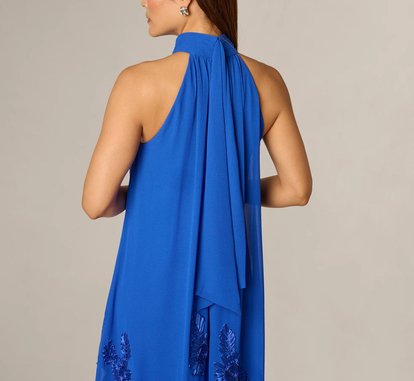 Georgette Soutache Embroidery Trapeze Halter Dress In Brilliant Sapphire