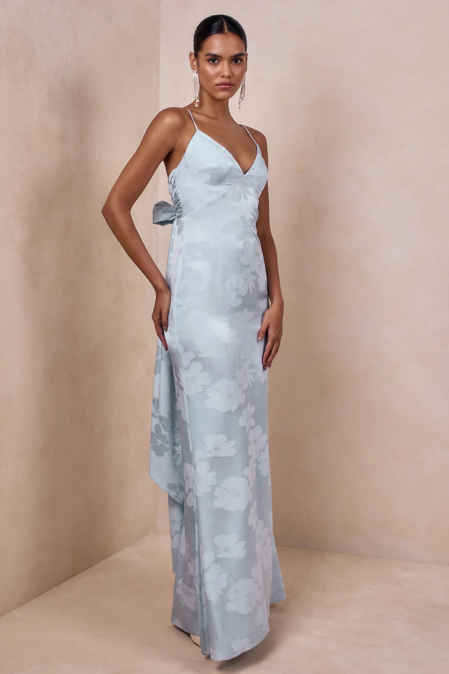 Carelle Powder Blue Satin Plunge-Neck Maxi Dress With Asymmetric Drop-Waist