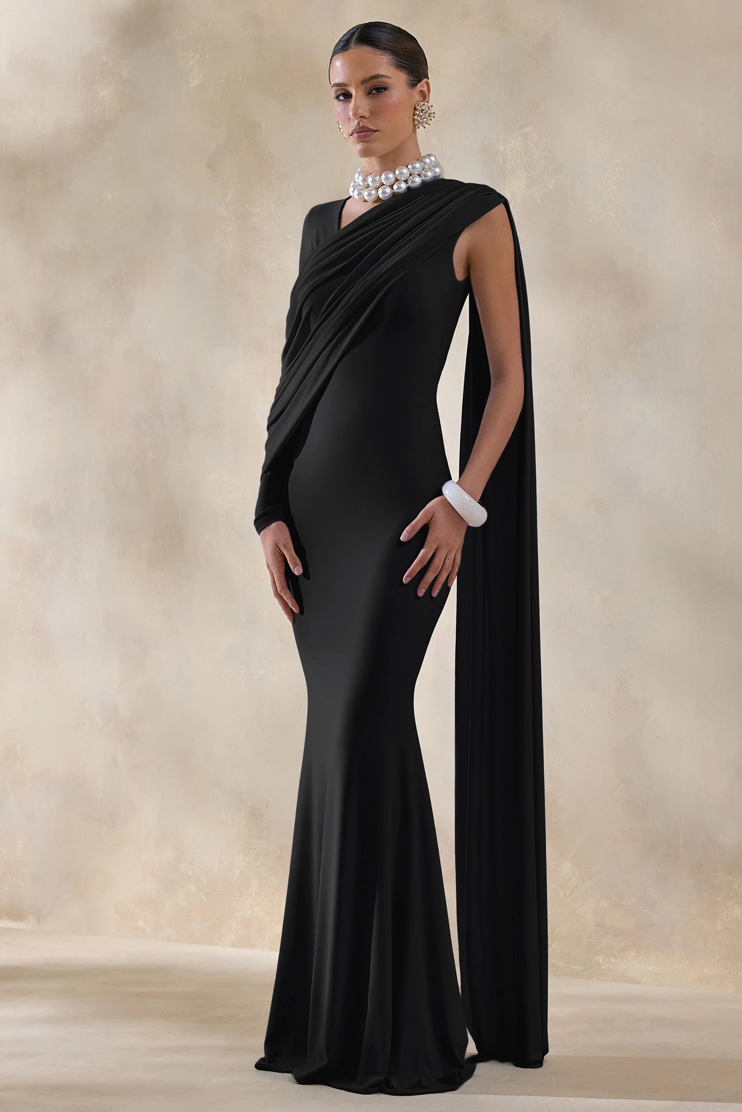 Rubelle Black Asymmetric-Neck Maxi Dress With Draped-Detailing