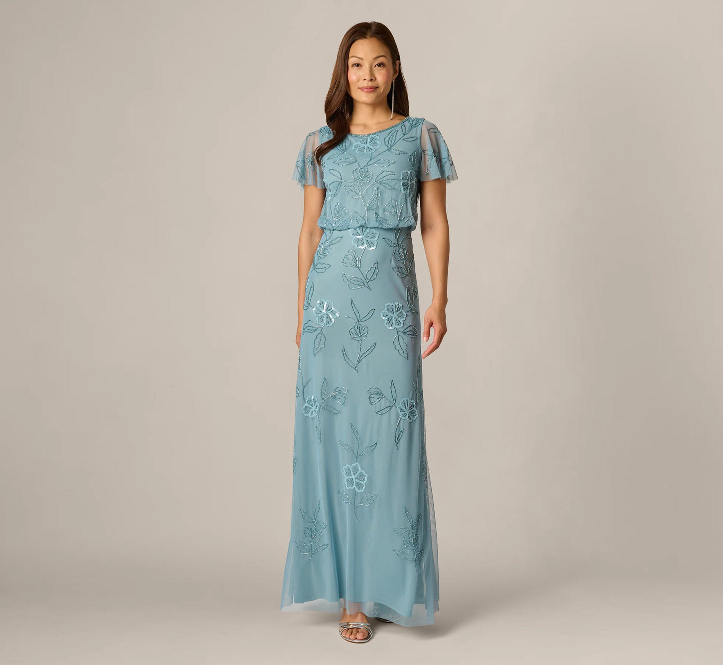Flutter Sleeve Floral Beaded Blouson Gown In Air Sky