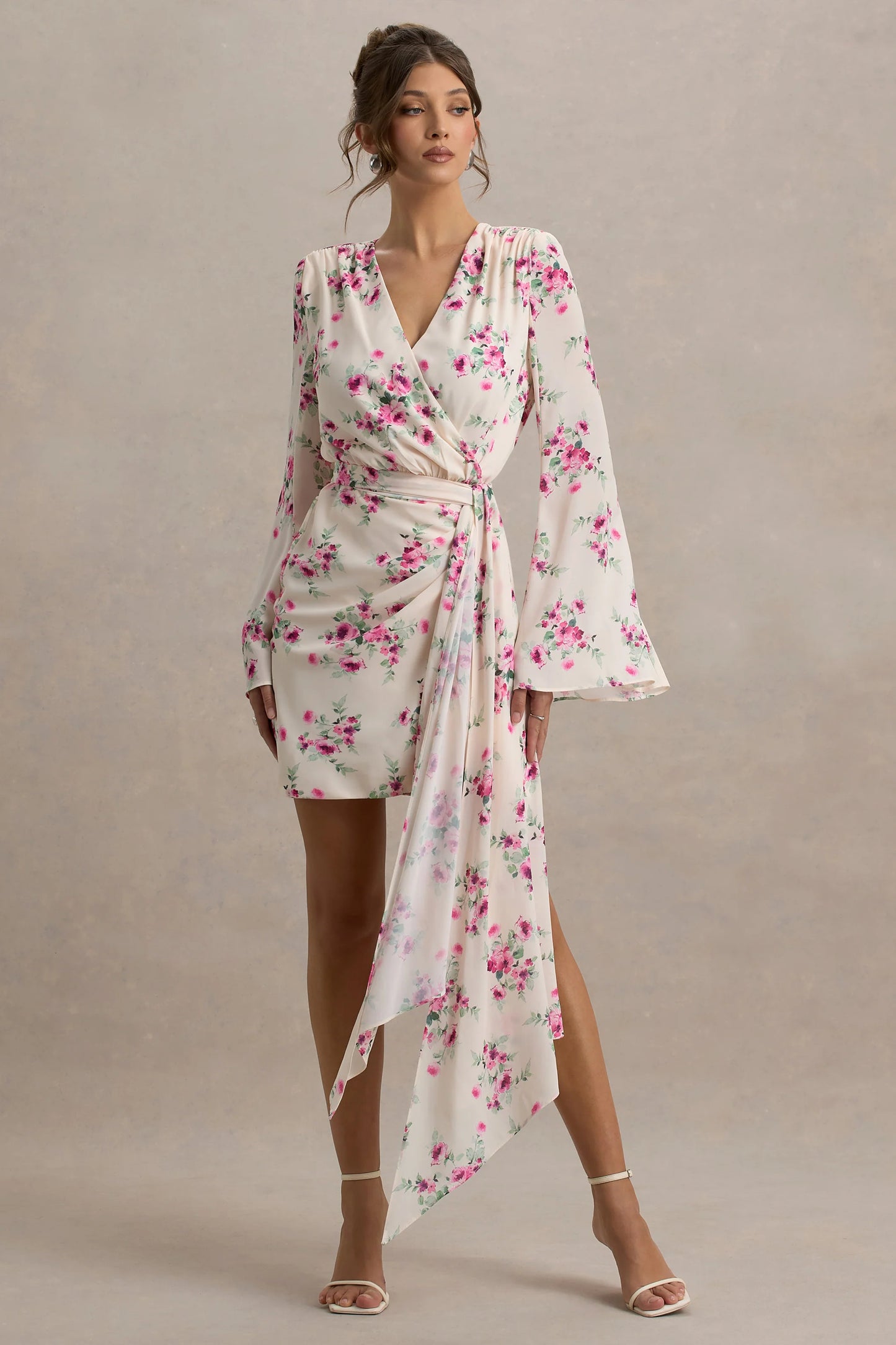 Goldie Cream Floral Print Chiffon Long-Sleeve Wrap Mini Dress