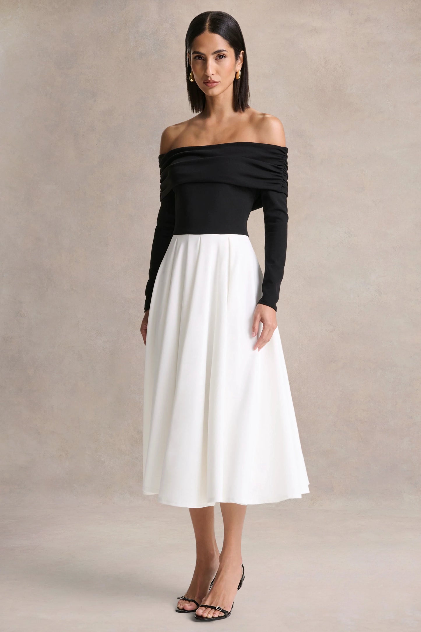 Frederica Black And White Bardot-Neck Midi Dress