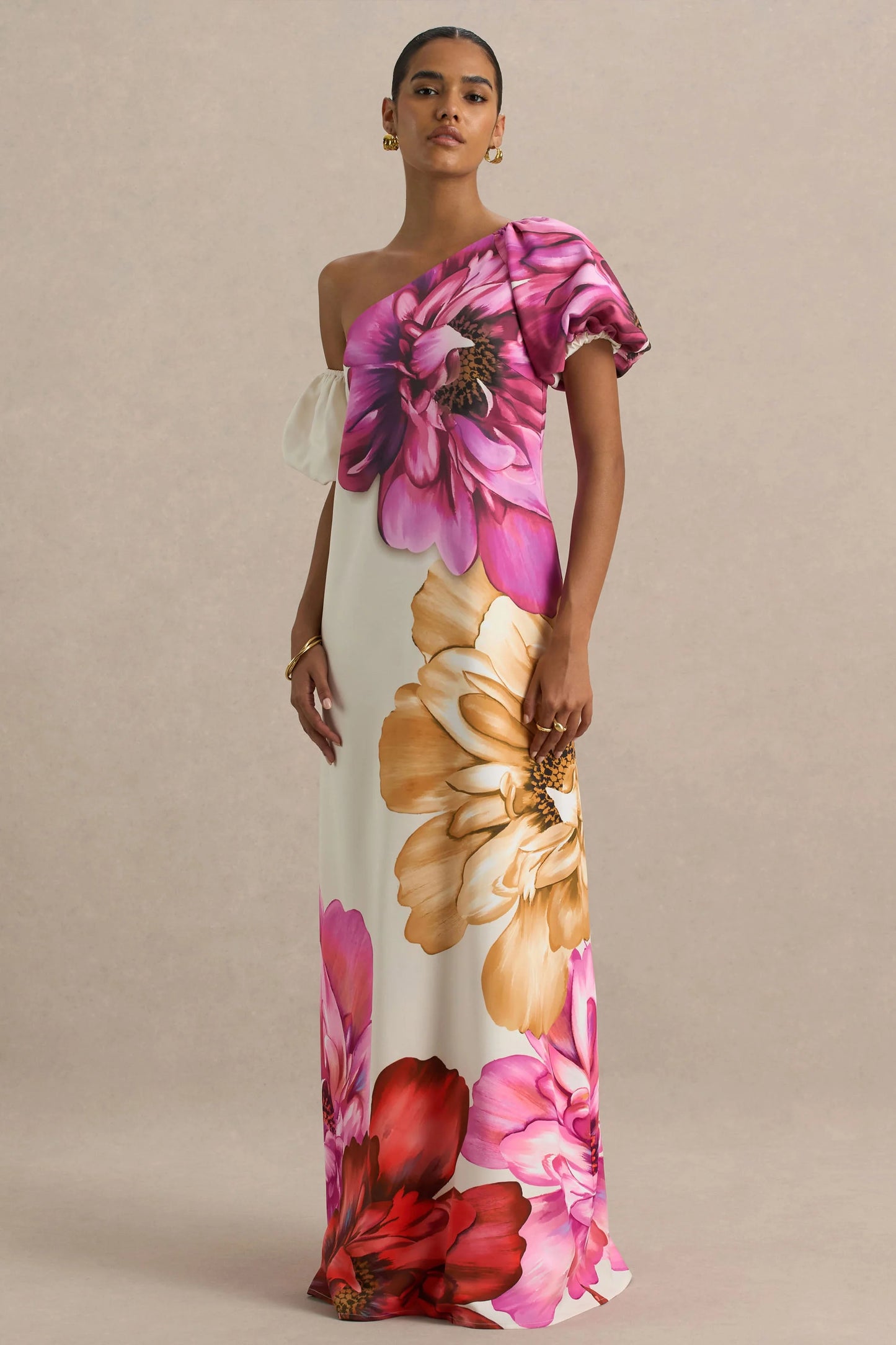Anastasia Large Multi-Floral Print Asymmetric-Neck Maxi Dress