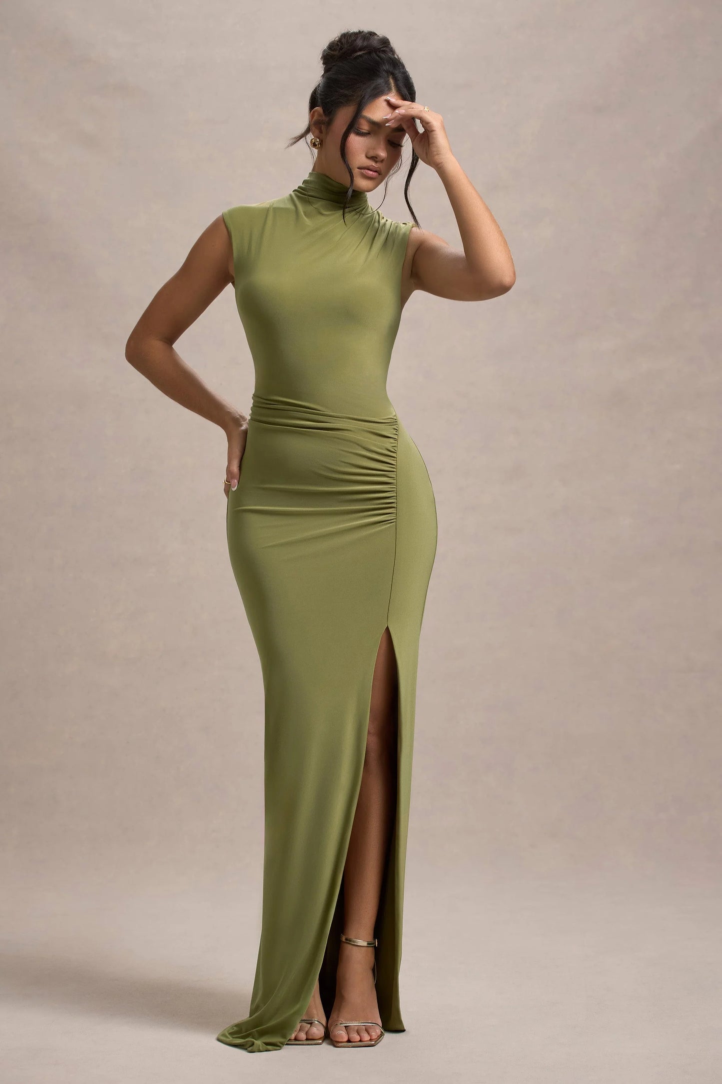 Lanetta Olive Ruched High-Neck Maxi Dress With Split