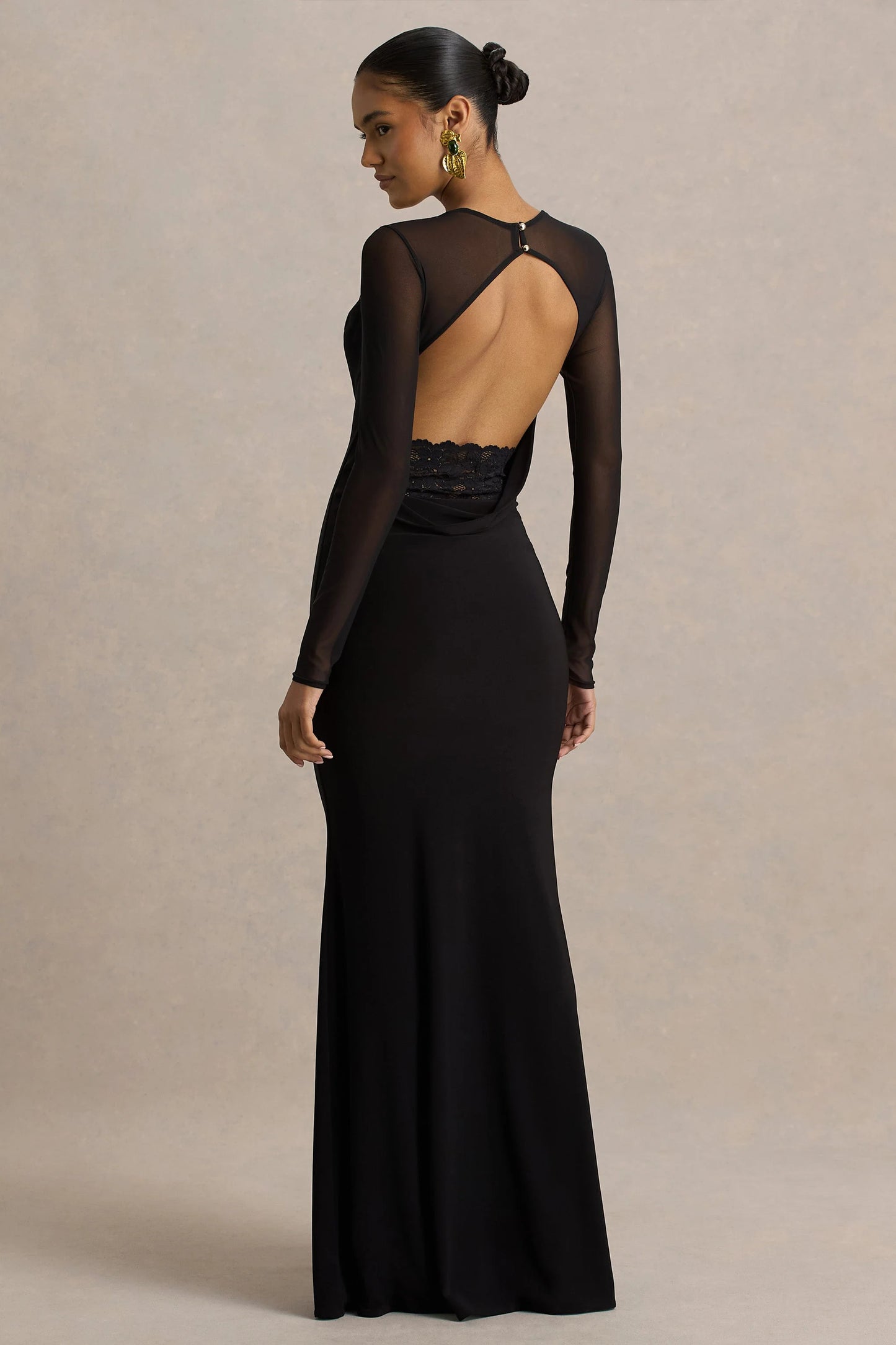 Bethan Black Cowl-Neck Maxi Dress With Mesh Sleeves And Open-Back