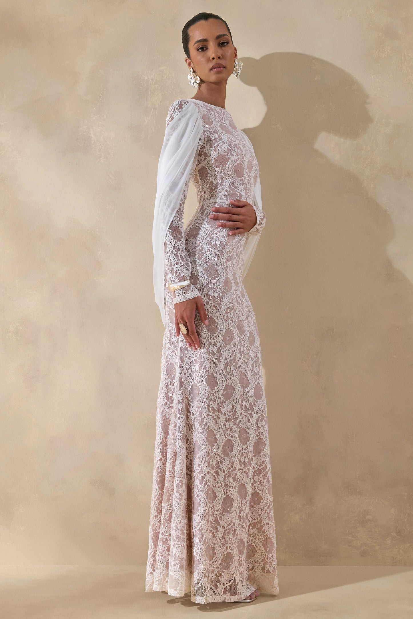 Nabina White Lace Crew-Neck Maxi Dress With Draped Back-Detail