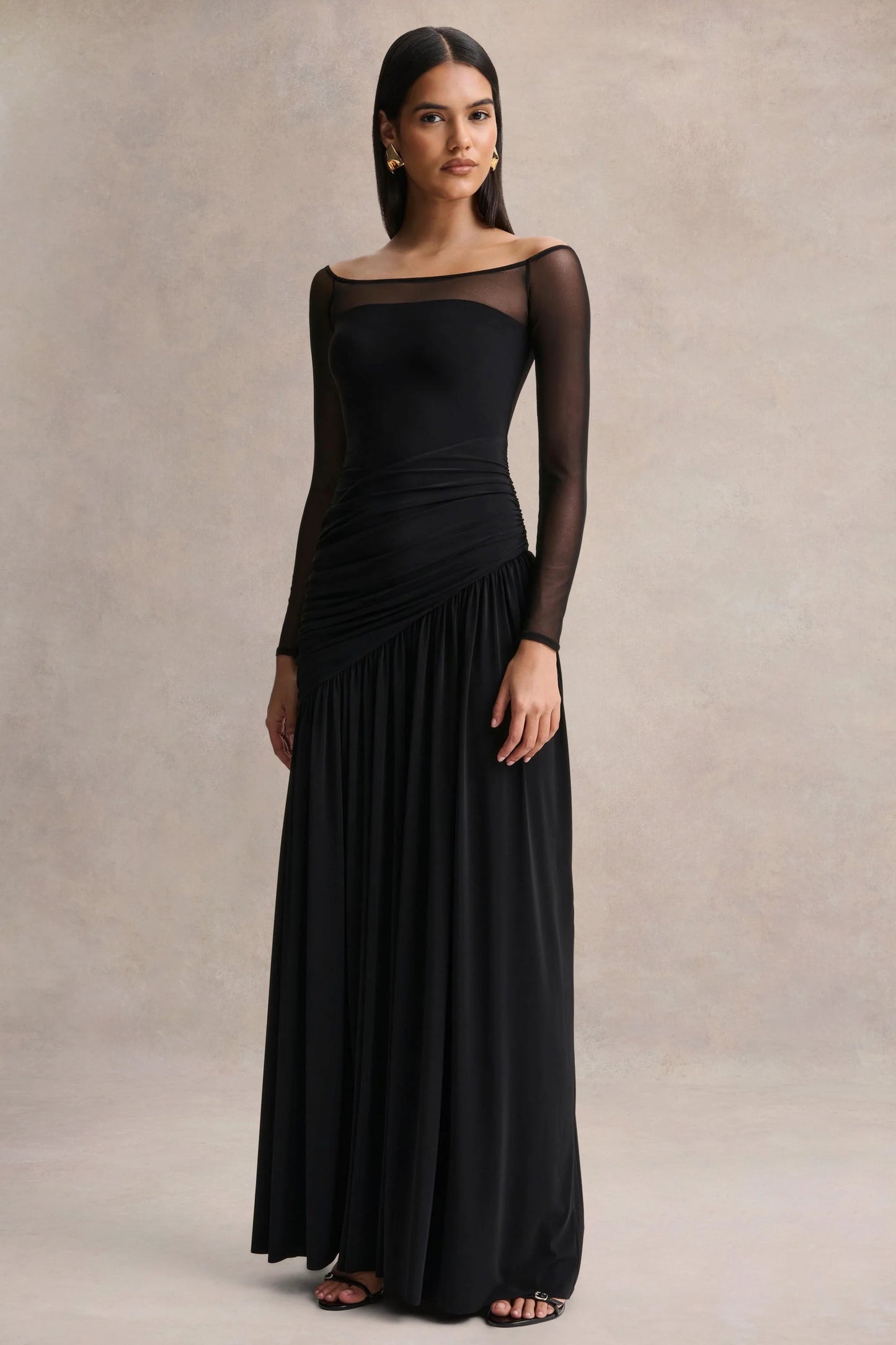 Bexley Black Bardot-Neck Draped Maxi Dress With Long Mesh-Sleeves