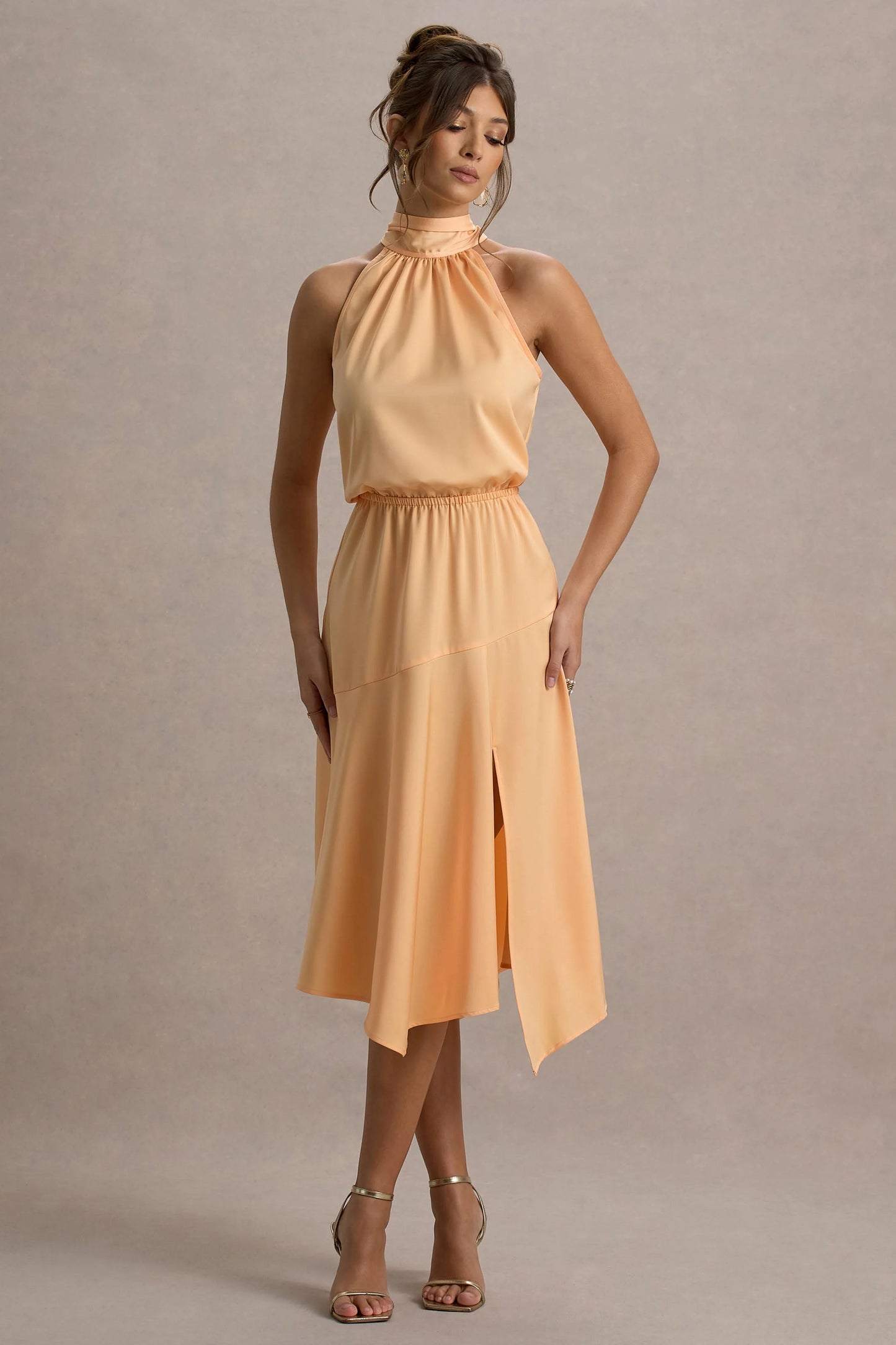 Palonia Peach Satin High-Neck Split Midi Dress