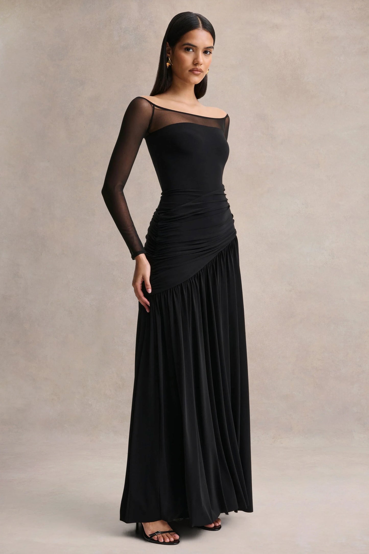 Bexley Black Bardot-Neck Draped Maxi Dress With Long Mesh-Sleeves