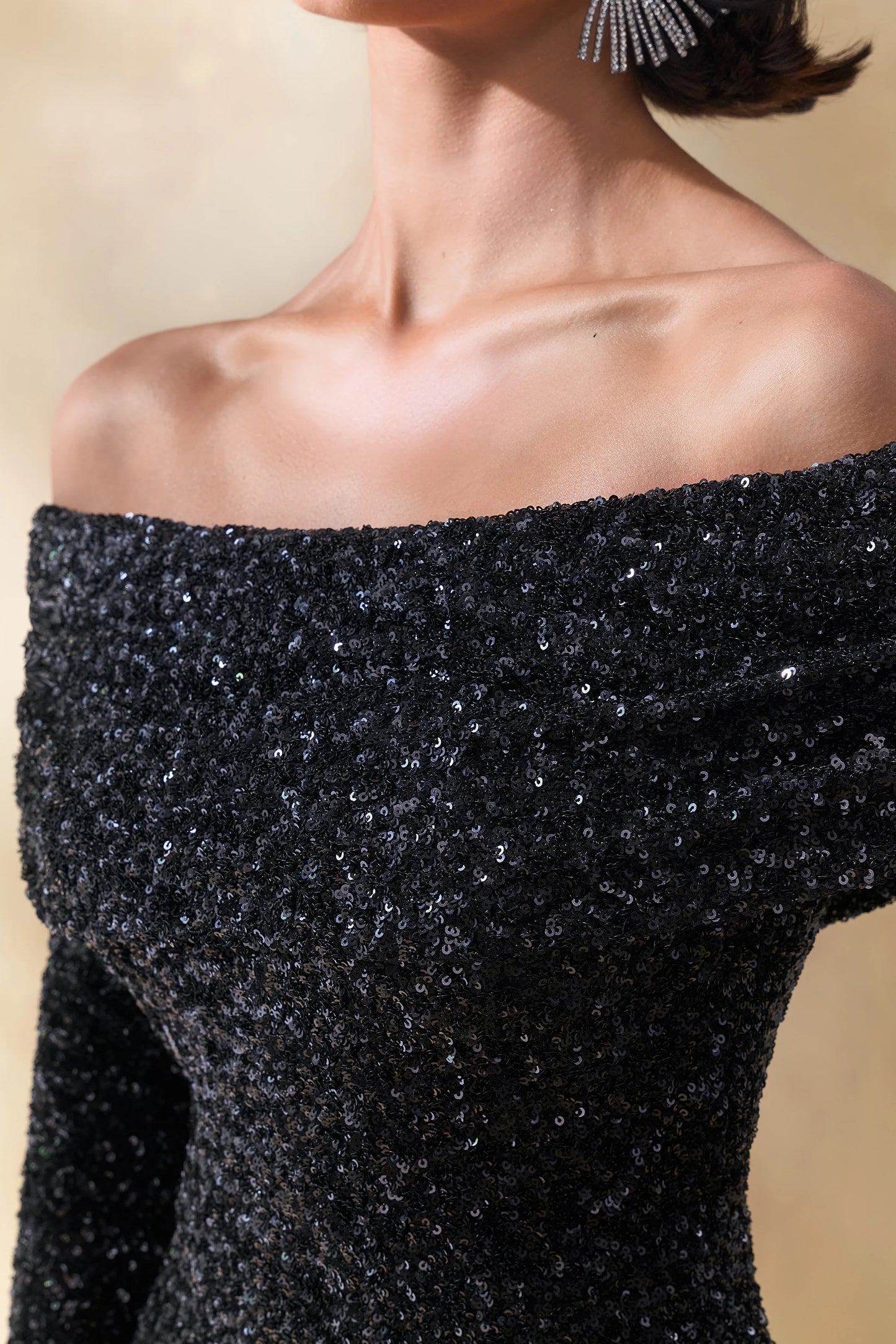 Obsession Black Sequin Bardot-Neck Maxi Dress With Long Sleeves