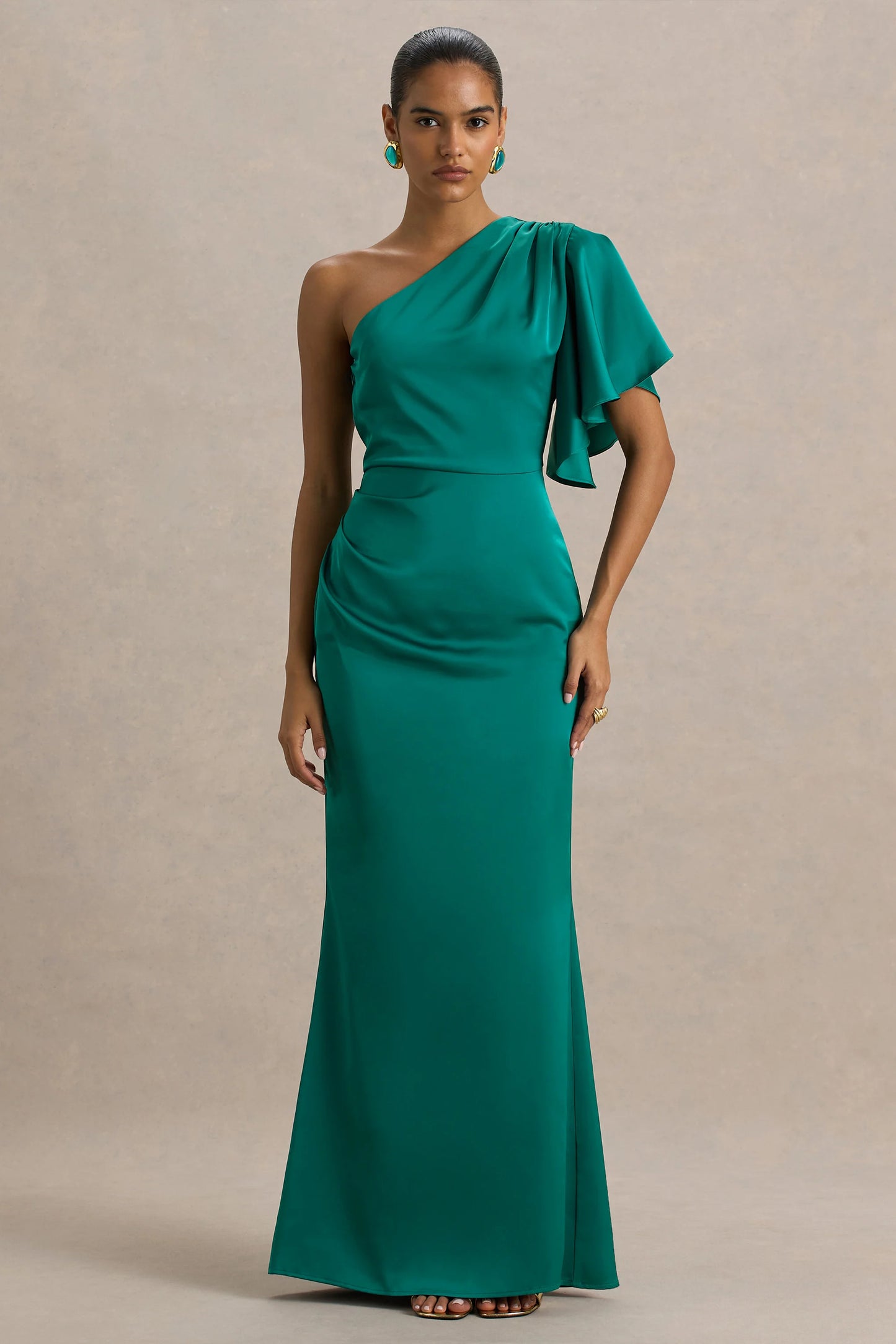 Unforgettable Bottle Green Asymmetric-Neck Maxi Dress With Ruffled Detailing