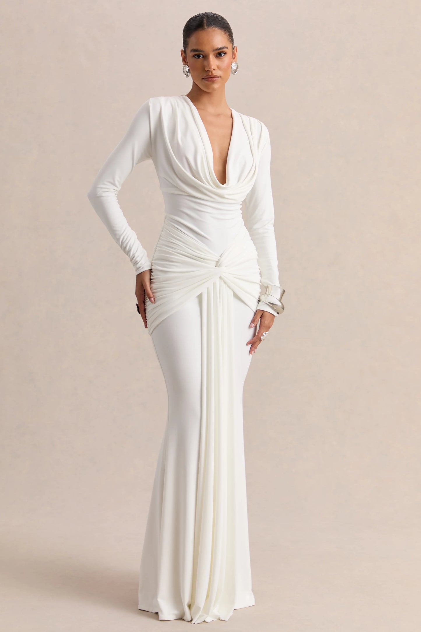Palerma White Draped Cowl-Neck Maxi-Dress With Gathered-Detailing