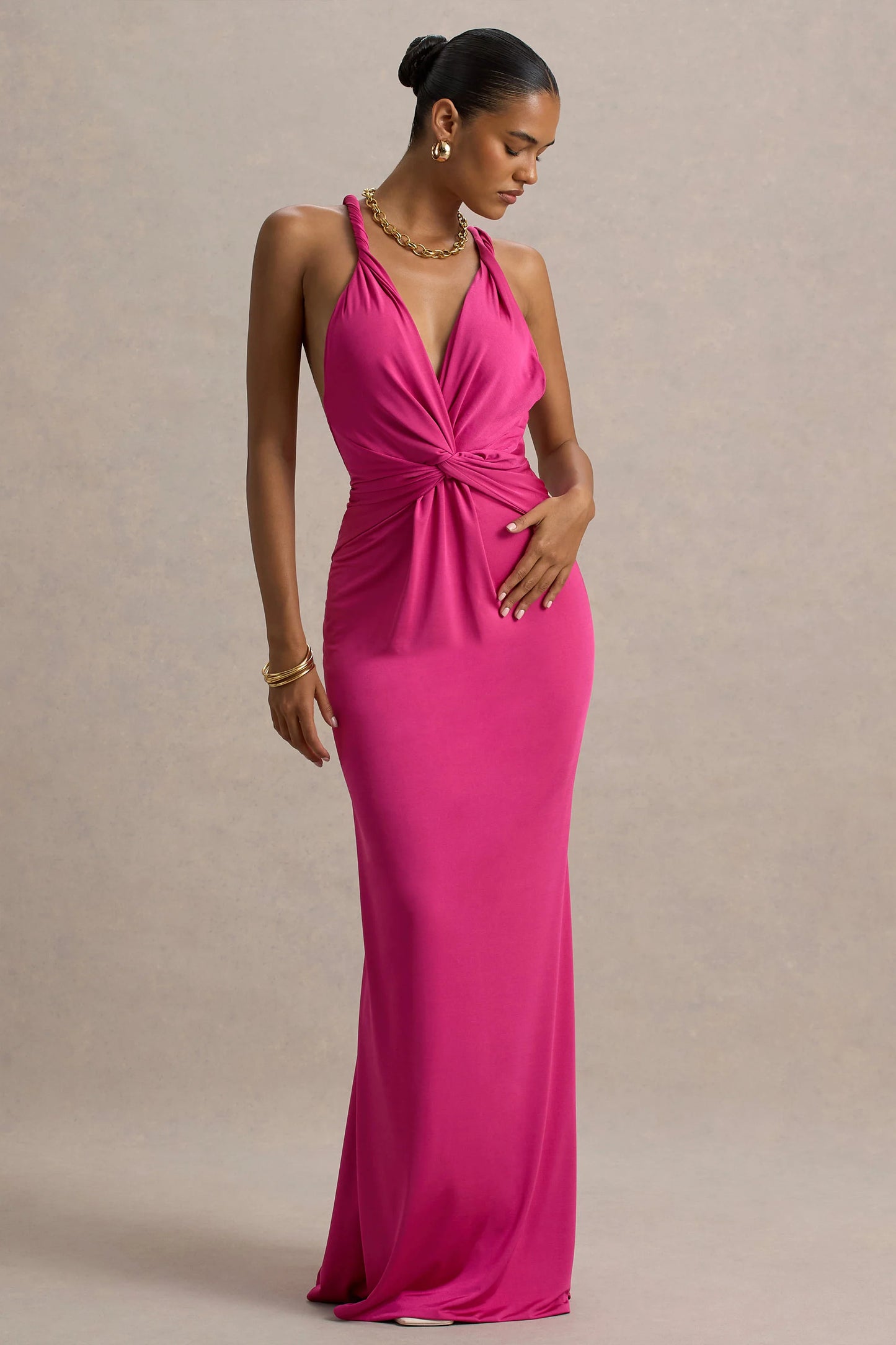 Santez Hot Pink Twisted Plunge-Neck Maxi Dress