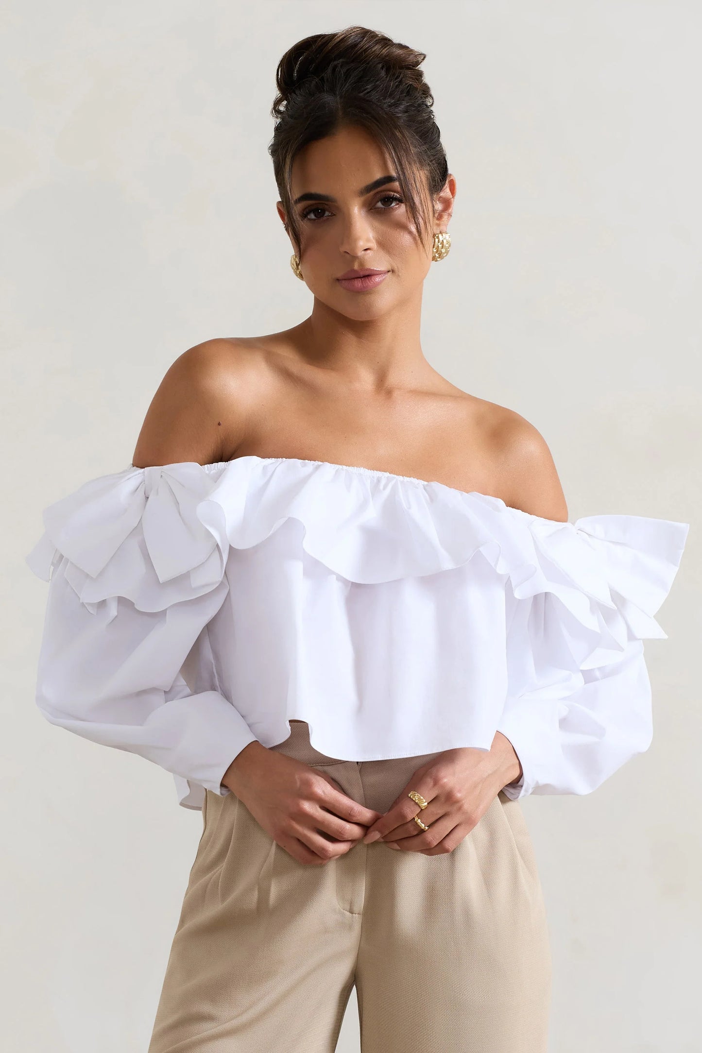 Cove White Bardot Puff-Sleeve Ruffle Top With Bows