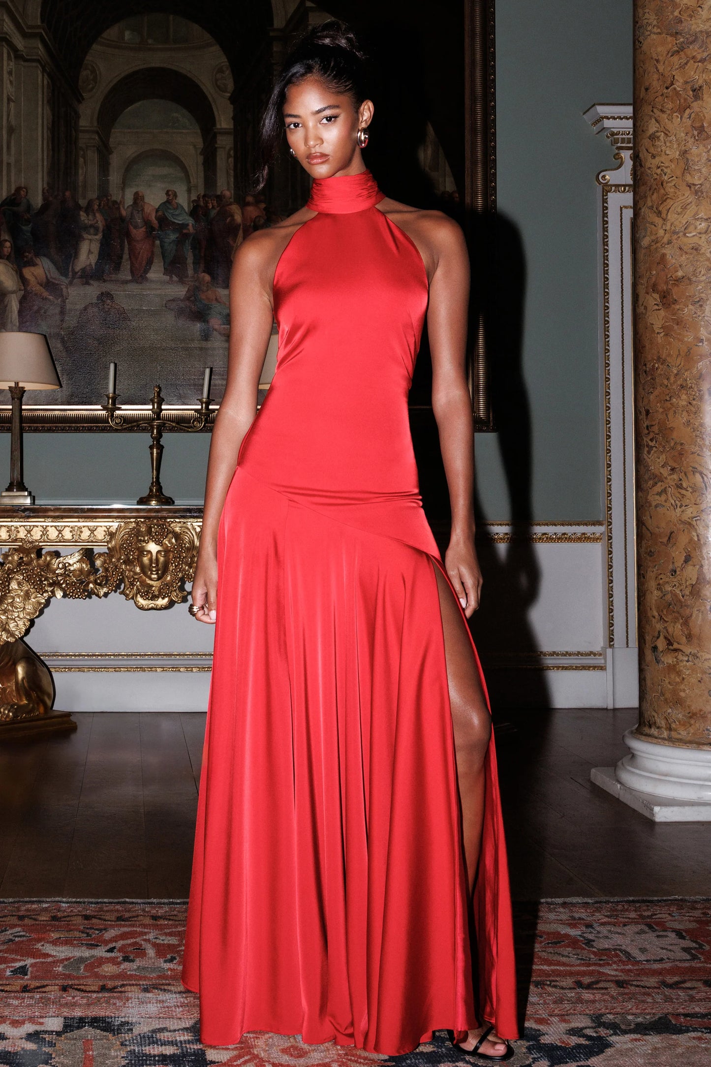 Luscious Red High-Neck Maxi Dress With Drop-Waist And Bow Detail