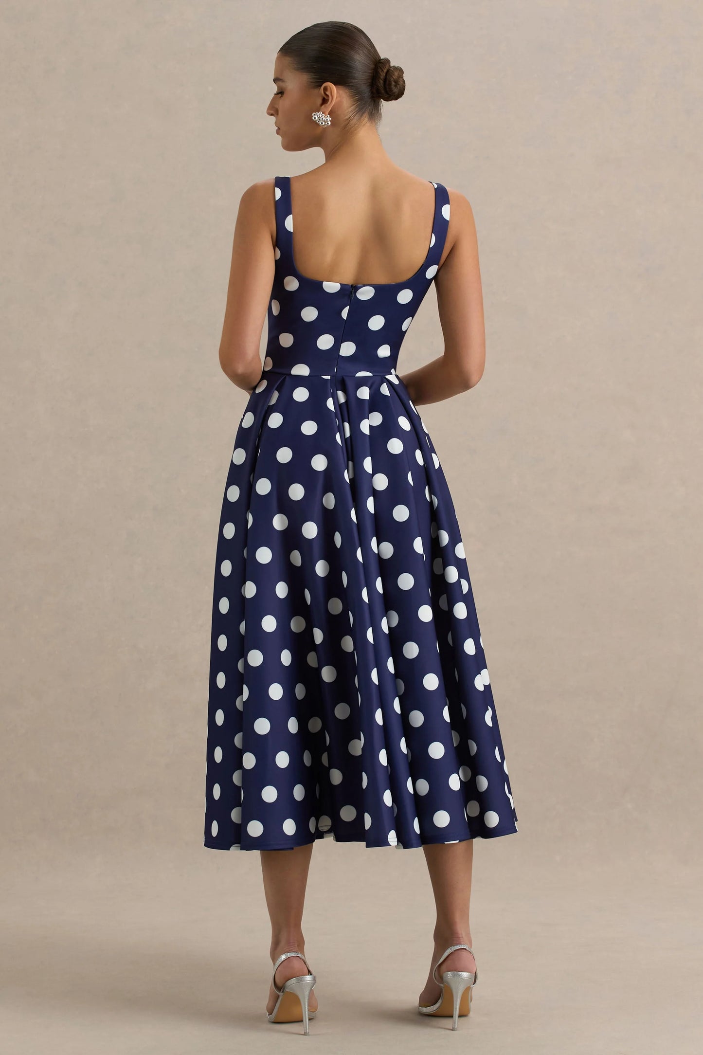 Berta Navy And White Polka-Dot Square-Neck Midi Dress