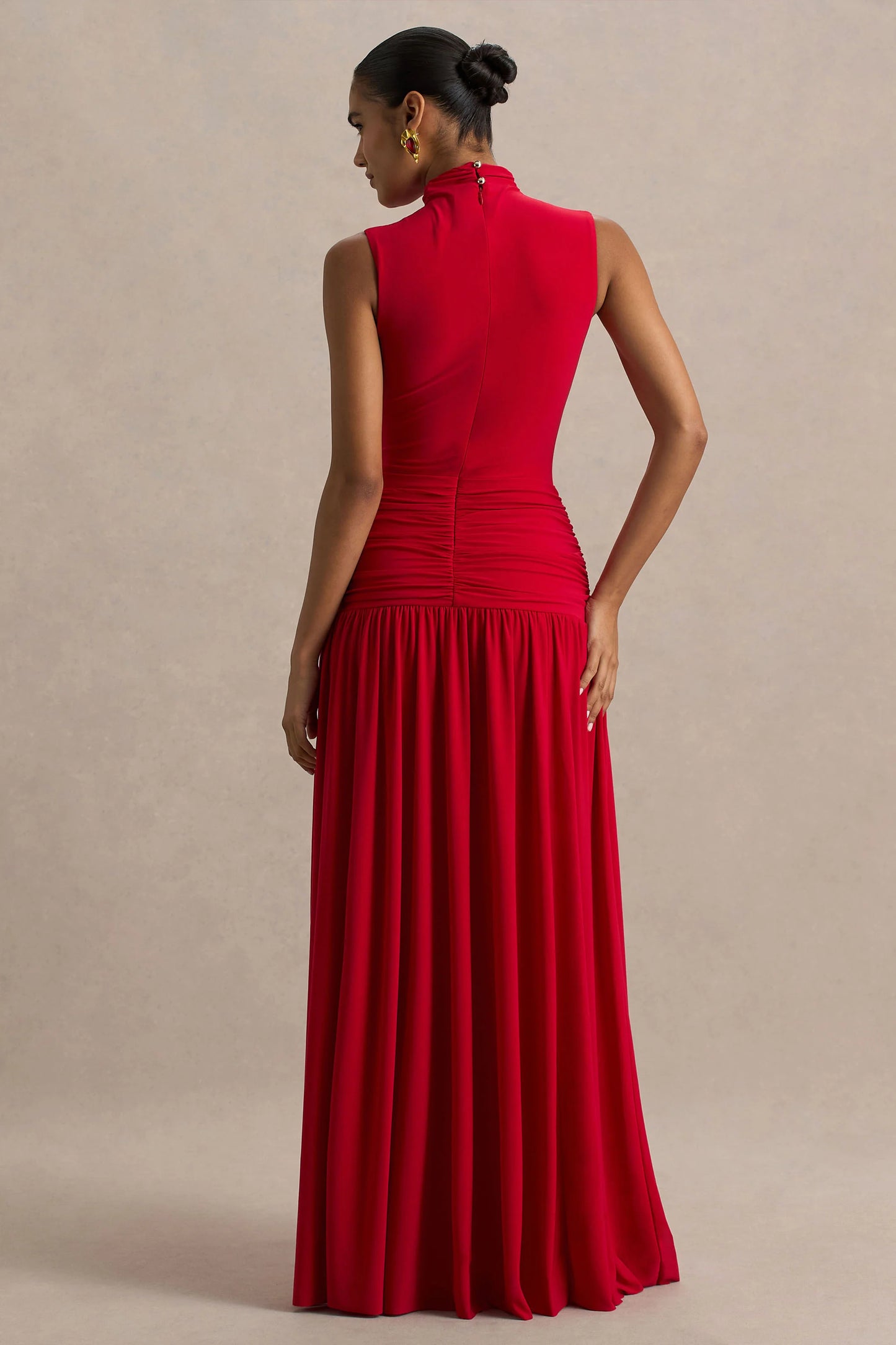 Cascade Red High-Neck Maxi Dress With Twist Detail