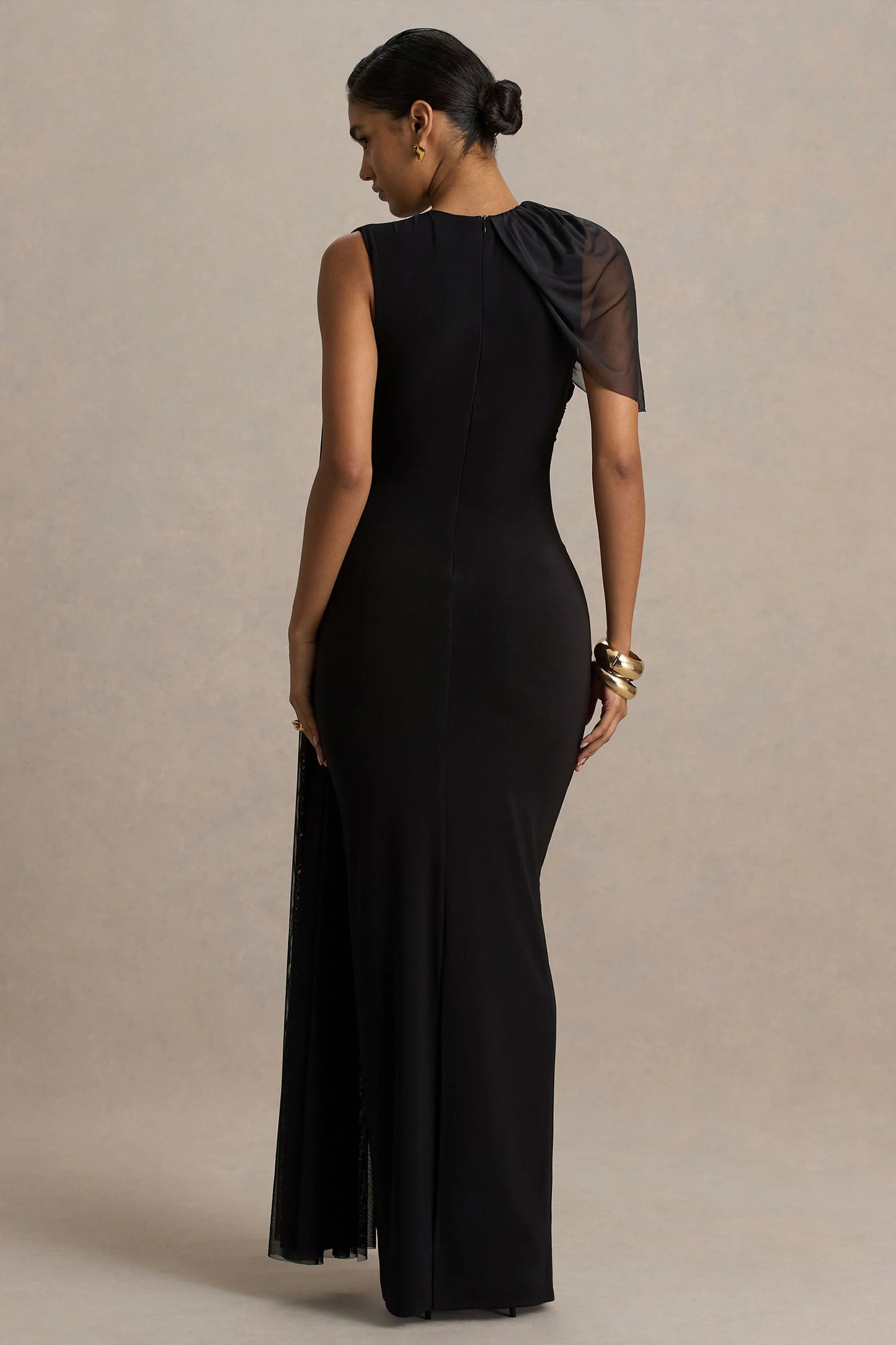 Brenda Black Crew-Neck Maxi Dress With Mesh Cape And Sash
