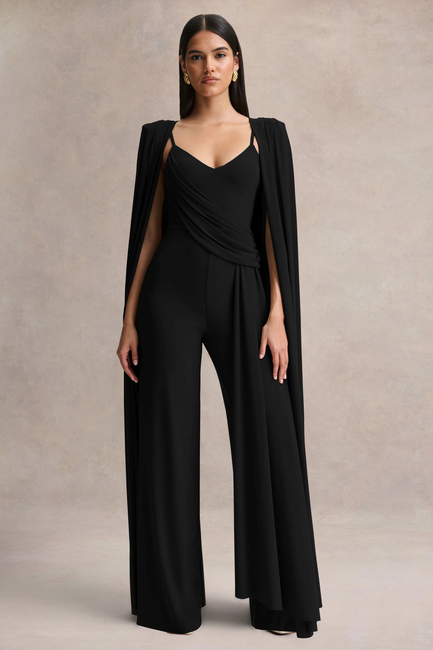 Labina Black Plunge-Neck Jumpsuit With Cape-Sleeves