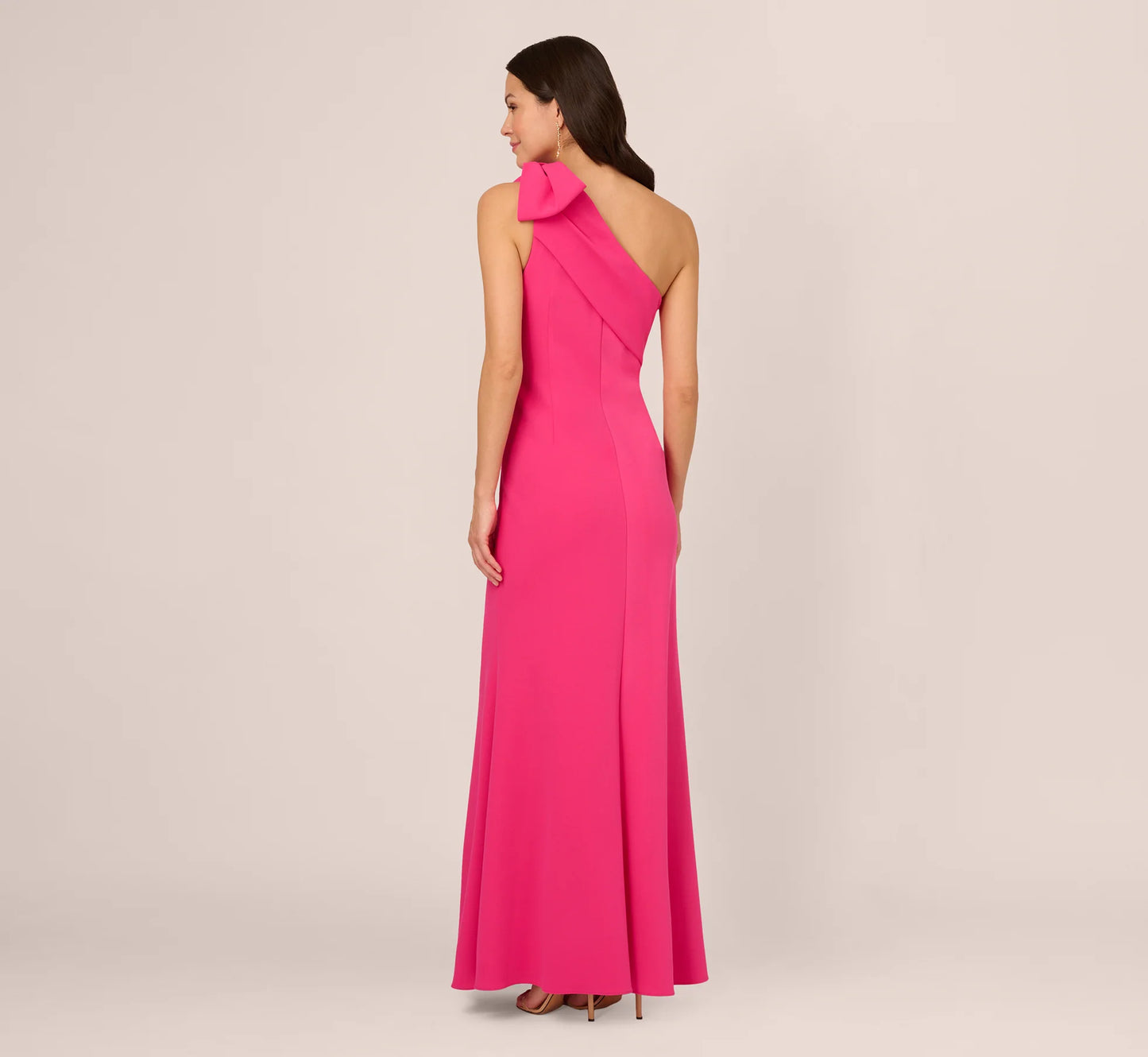 Stretch Crepe One Shoulder Mermaid Gown With Bow Accent In Hot Pink