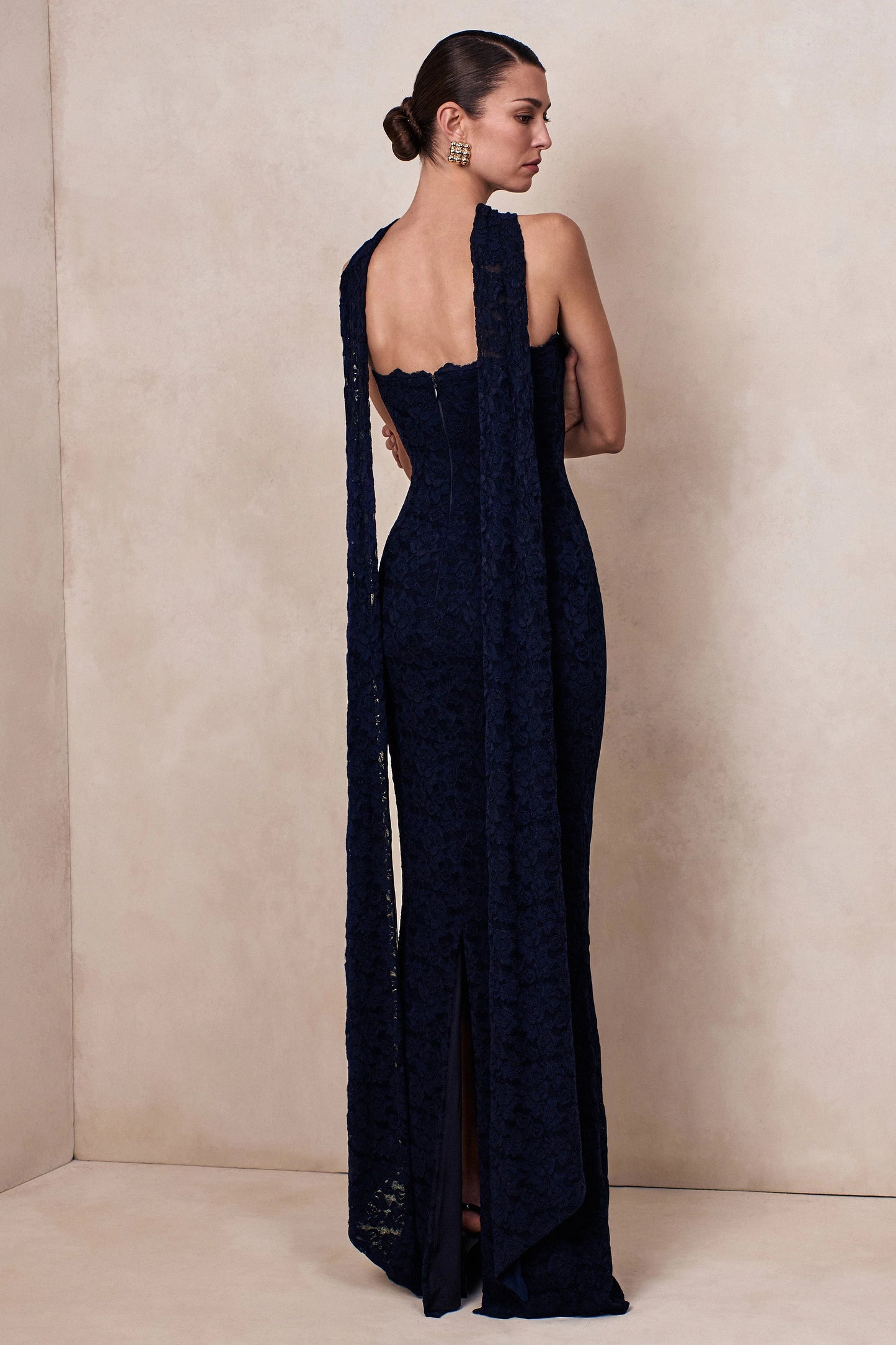 Massima Navy Lace Bandeau Maxi Dress With Scarf-Detail