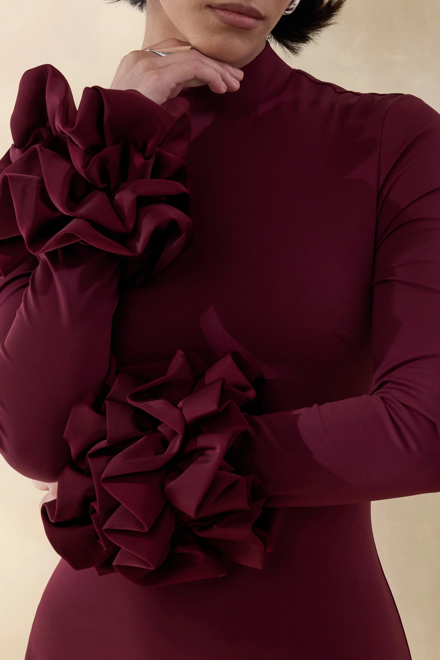 Jaselle Dark Plum High-Neck Maxi Dress With Ruffled Satin-Cuffs