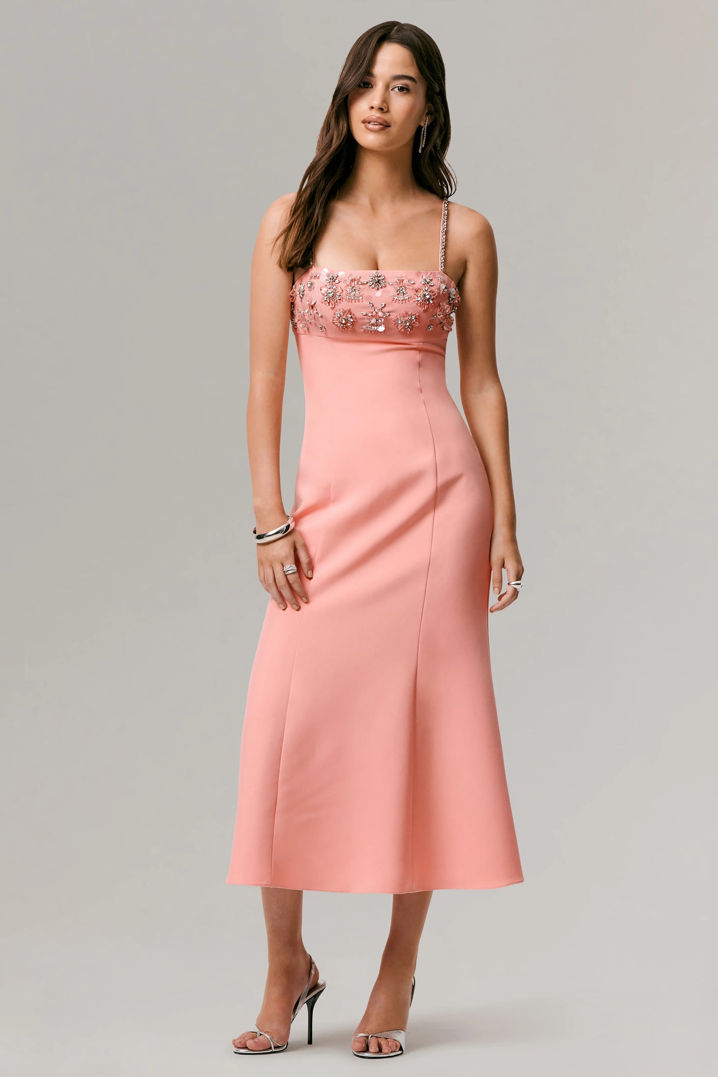 One To Remember Coral Square-Neck Embellished Midi Dress